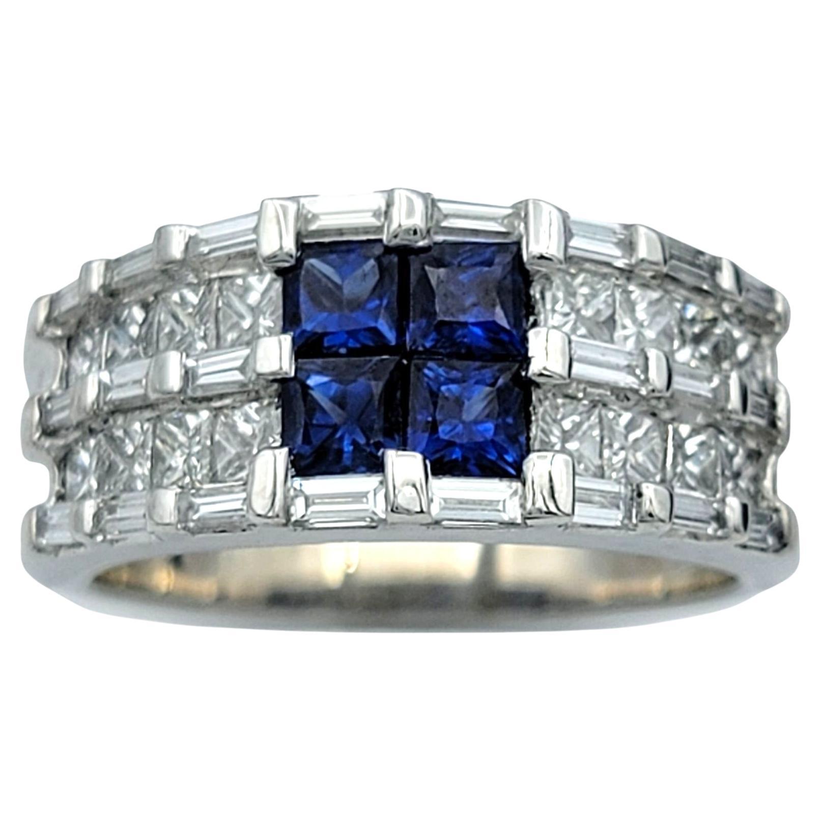 Princess Cut Blue Sapphire and Diamond Multi Row Tapered Band Ring in Platinum