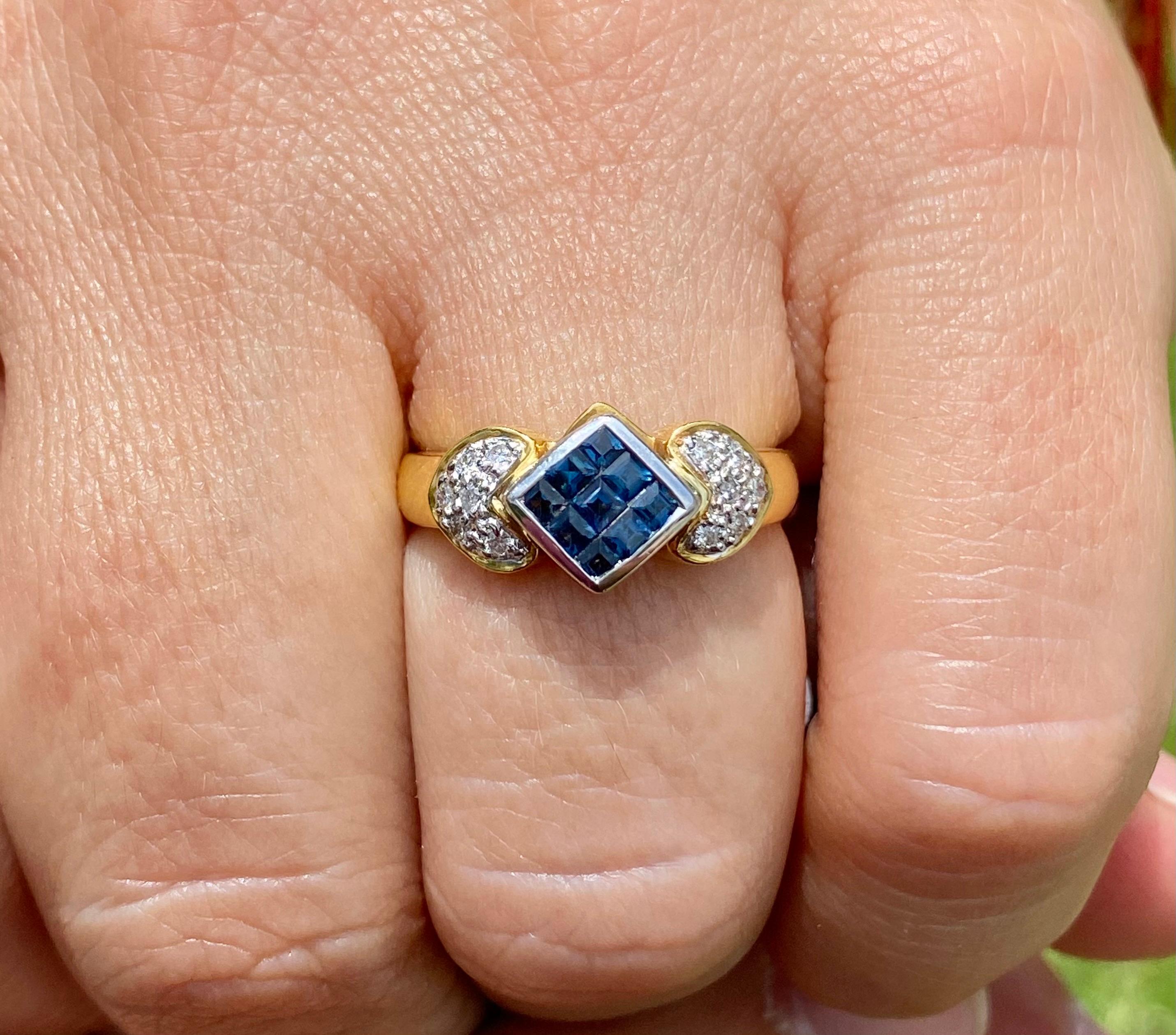 Adorned by 0.50 Carats of Princess-Cut Siam (Thailand) Blue Sapphires and 0.15 Carats of Round-Brilliant Cut White Diamonds and set in 18K Yellow Gold

Details:
✔ Stone: Blue Sapphire, White Diamond 
✔ Sapphire Weight: 0.50 carats (9 stones)
✔