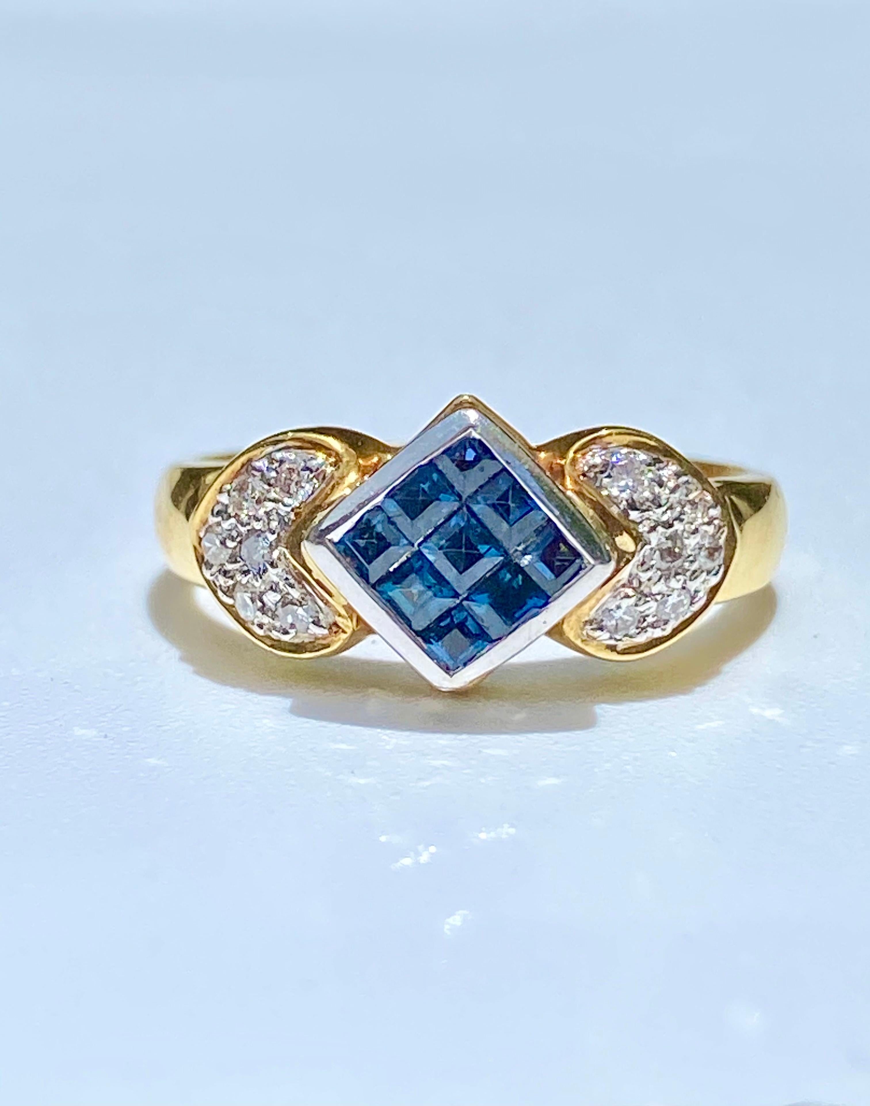 Princess Cut Princess-Cut Blue Sapphire and Diamond Ring in 14k Yellow Gold For Sale