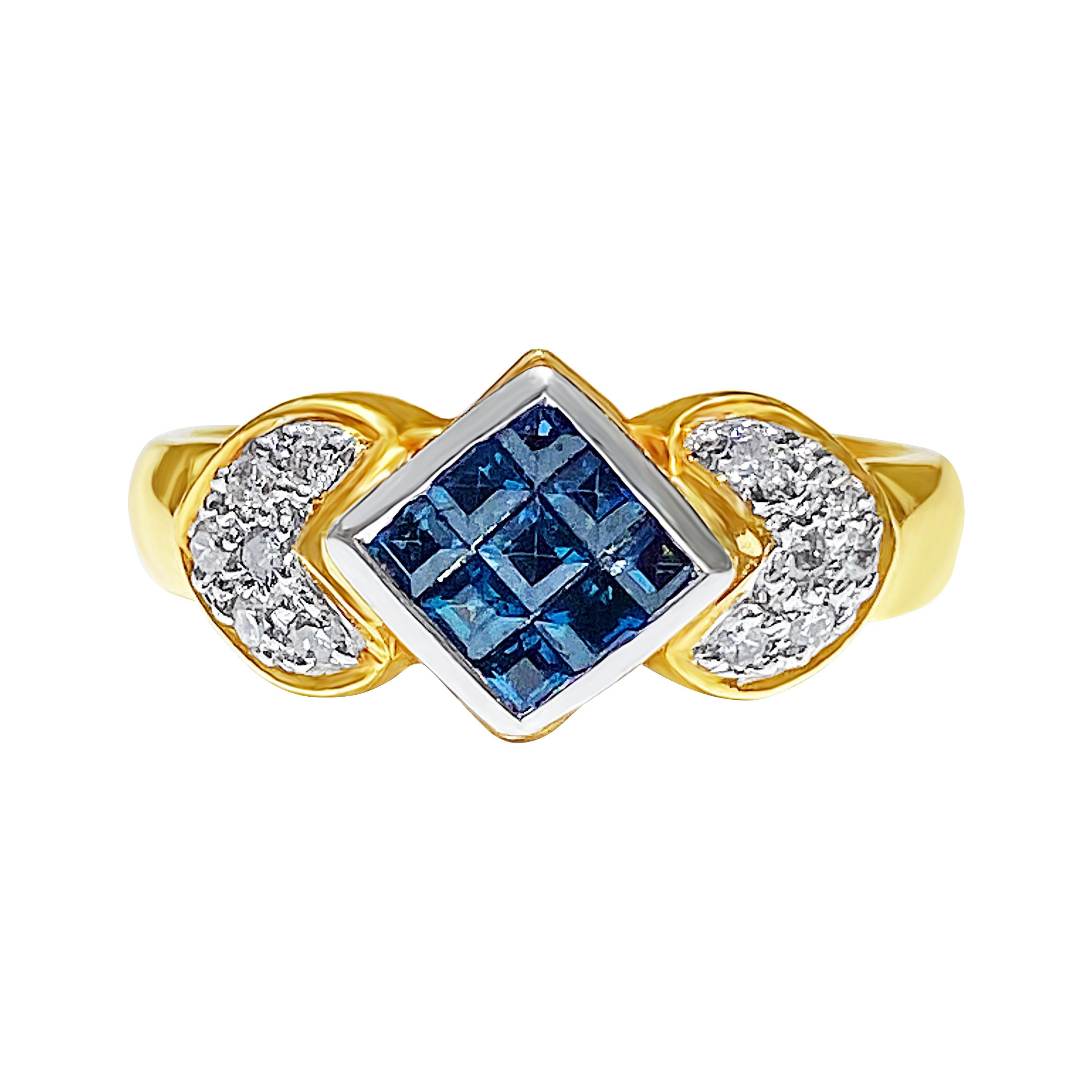 Bague en or jaune 14 carats avec saphir bleu taille princesse et diamants