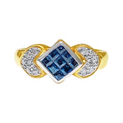 Ring mit blauem Saphir im Diamantschliff aus 14 Karat Gelbgold