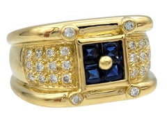 Princess Cut Blue Sapphire and Round Diamond Wide Band Ring 18 Karat Yellow Gold