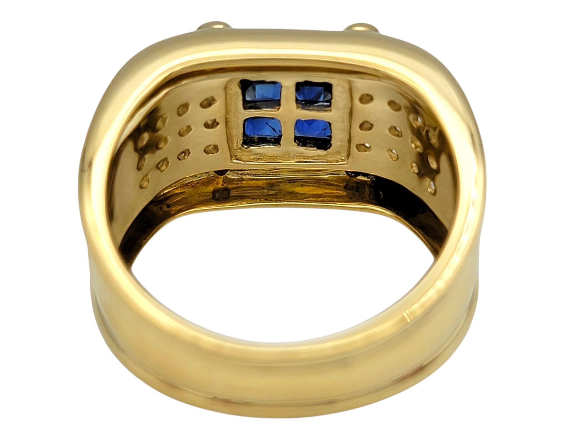 De las mujeres Princess Cut Blue Sapphire and Round Diamond Wide Band Ring 18 Karat Yellow Gold en venta
