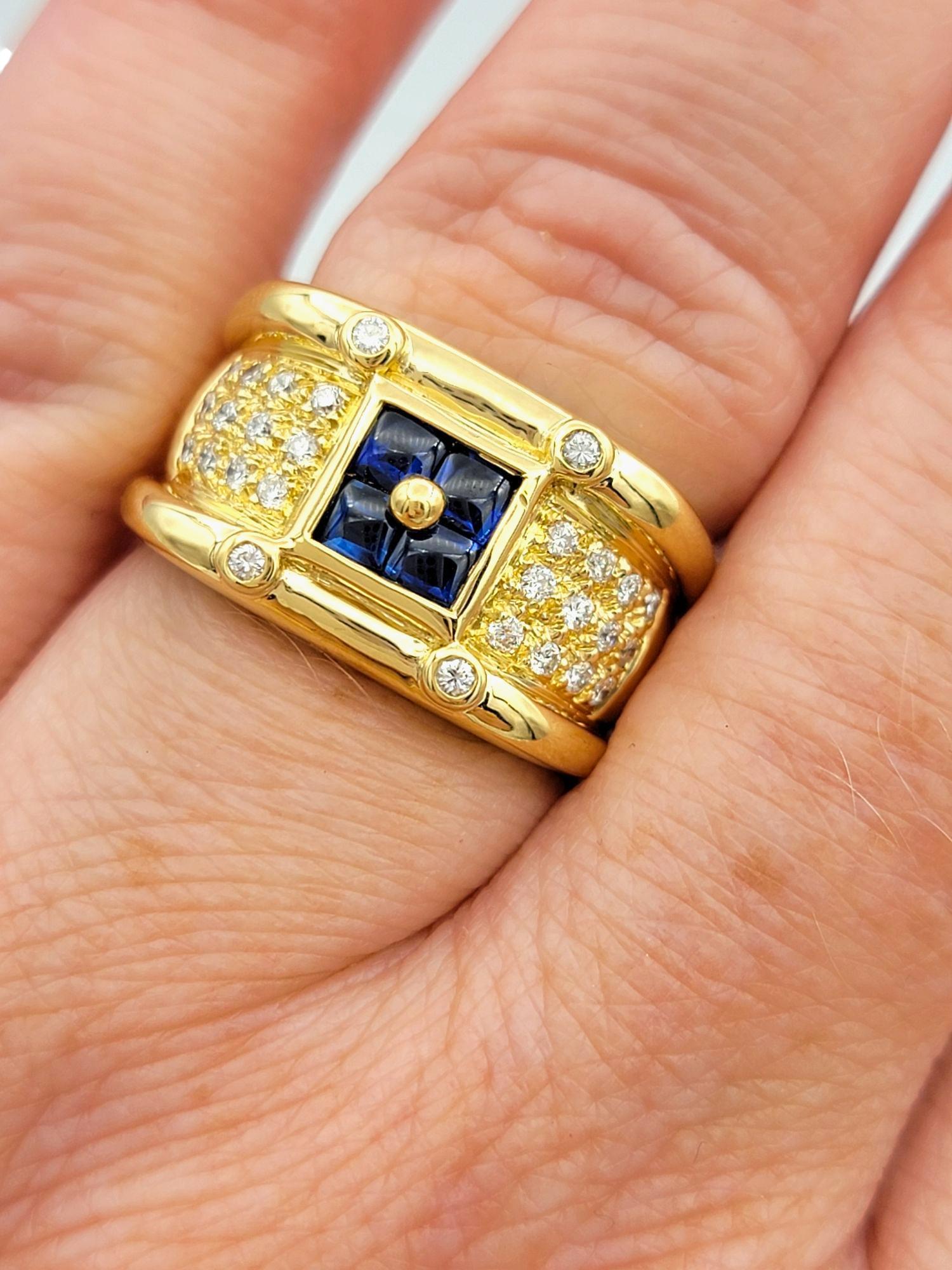 Princess Cut Blue Sapphire and Round Diamond Wide Band Ring 18 Karat Yellow Gold en venta 3