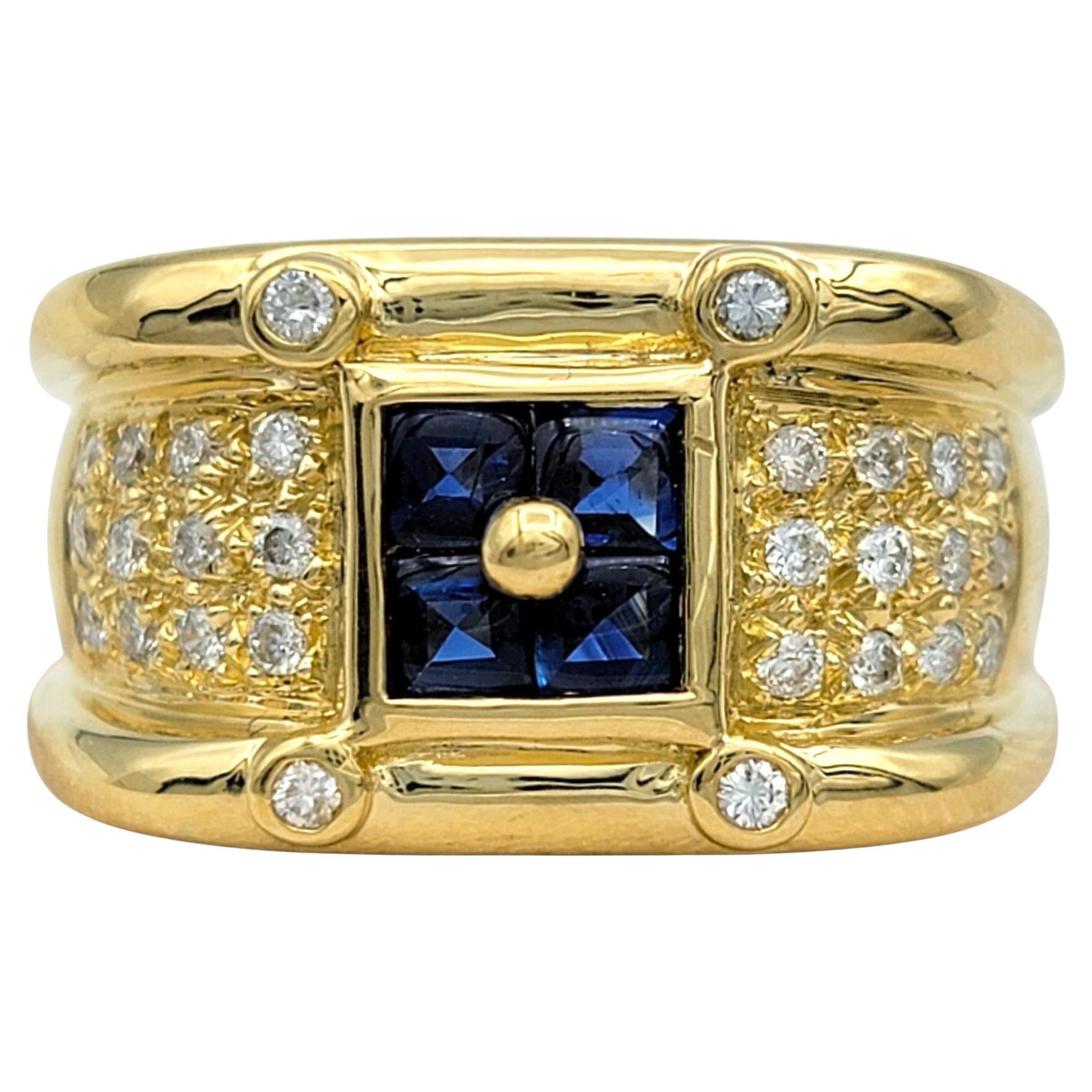 Princess Cut Blue Sapphire and Round Diamond Wide Band Ring 18 Karat Yellow Gold