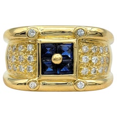 Princess Cut Blue Sapphire and Round Diamond Wide Band Ring 18 Karat Yellow Gold