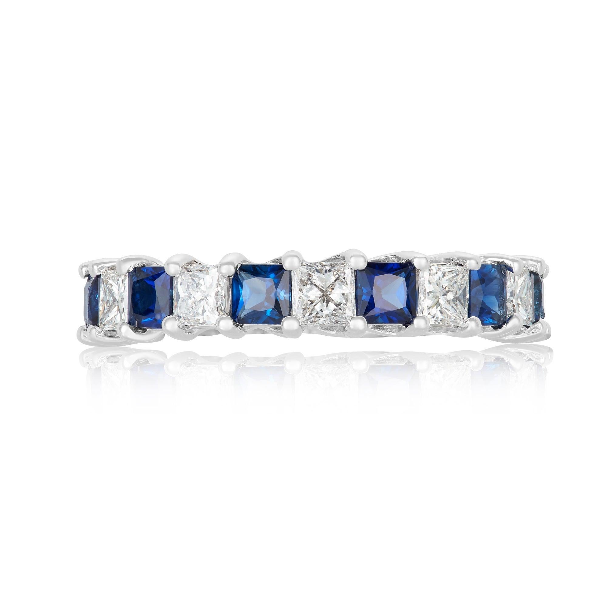 Anillo Eternidad Zafiro Azul Corte Princesa Diamante Oro Blanco 18 Kilates Talla 5 Corte princesa en venta