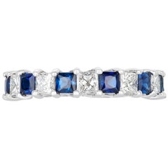 Princess Cut Blue Sapphire Diamond Eternity Band Ring 18 Karat White Gold Size 5
