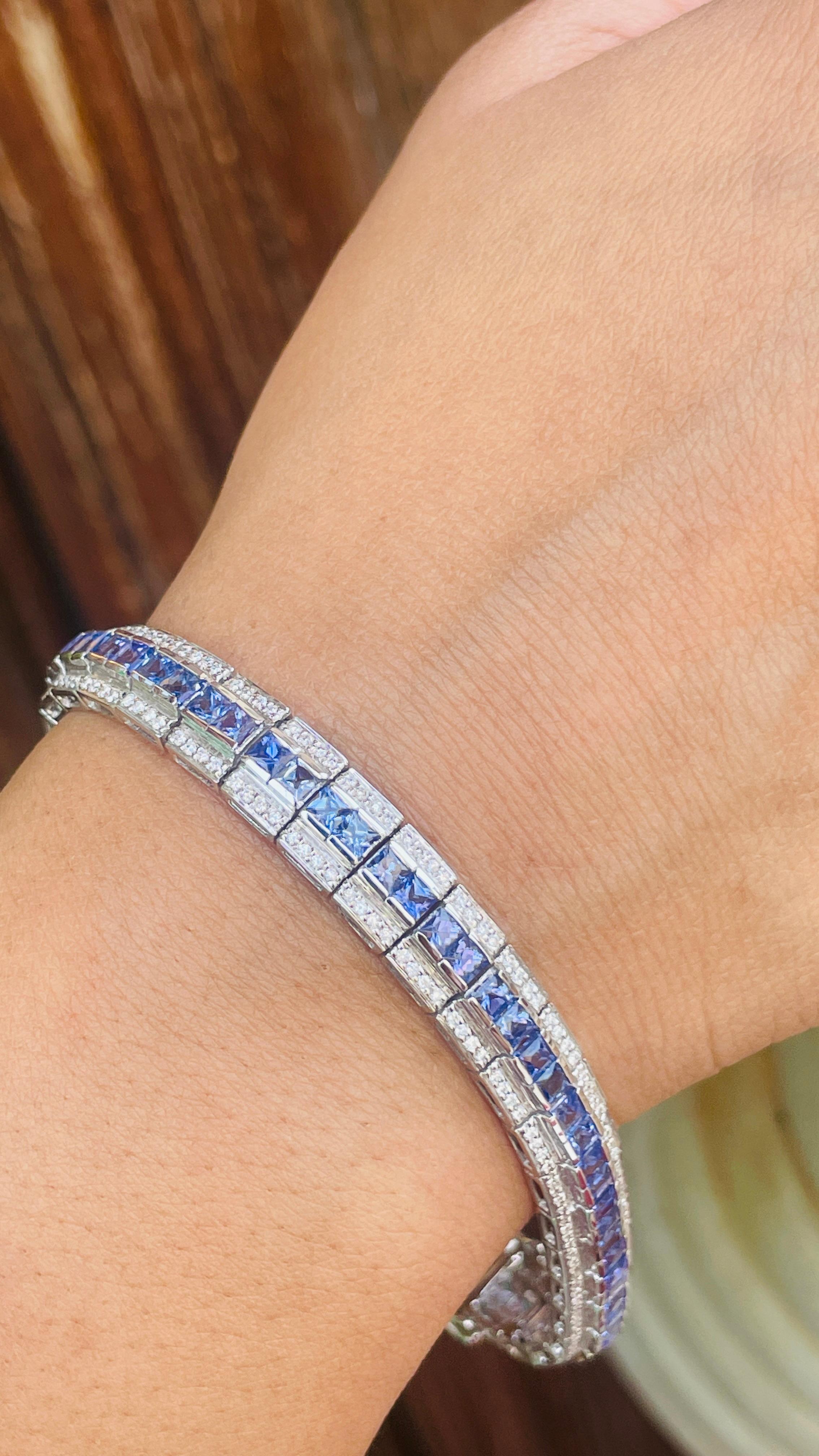 Art déco Bracelet de mariage en or blanc massif 18k avec saphir bleu taillé en princesse et diamant en vente