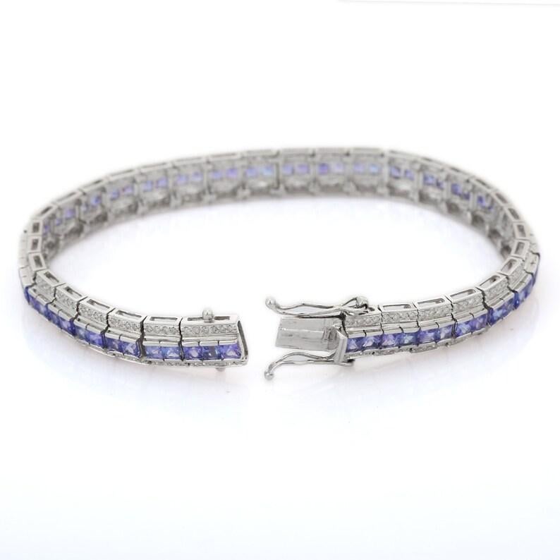 Taille carrée Bracelet de mariage en or blanc massif 18k avec saphir bleu taillé en princesse et diamant en vente