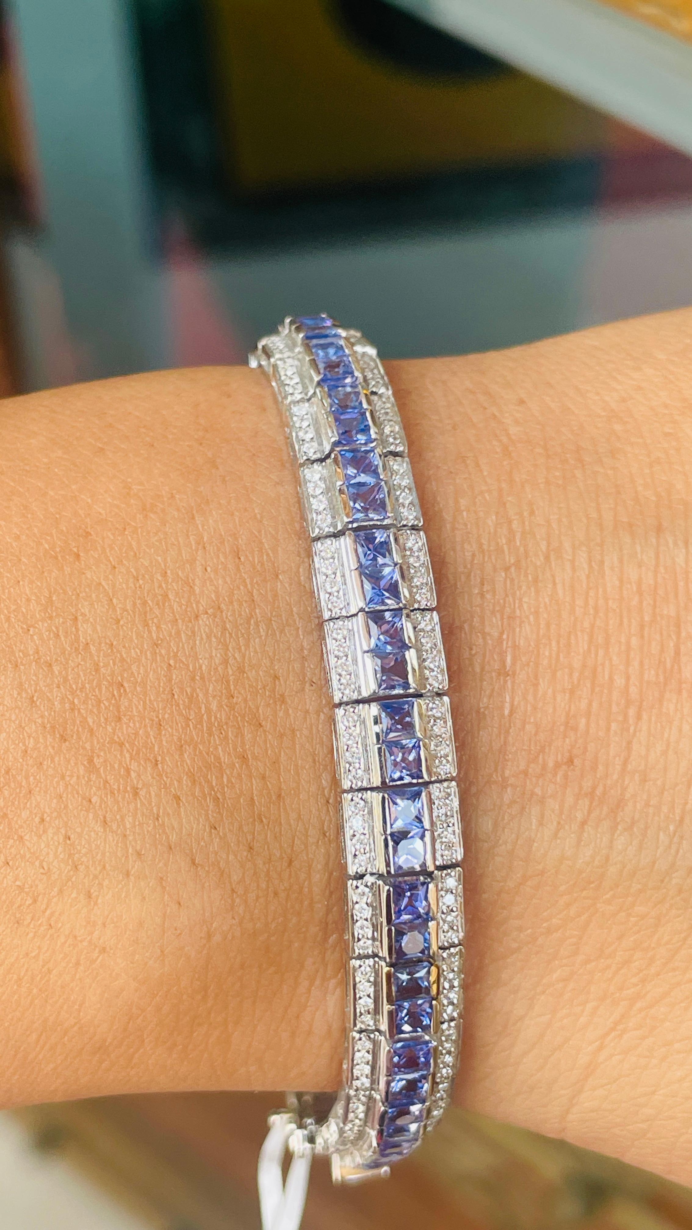 Bracelet de mariage en or blanc massif 18k avec saphir bleu taillé en princesse et diamant Neuf - En vente à New York, NY