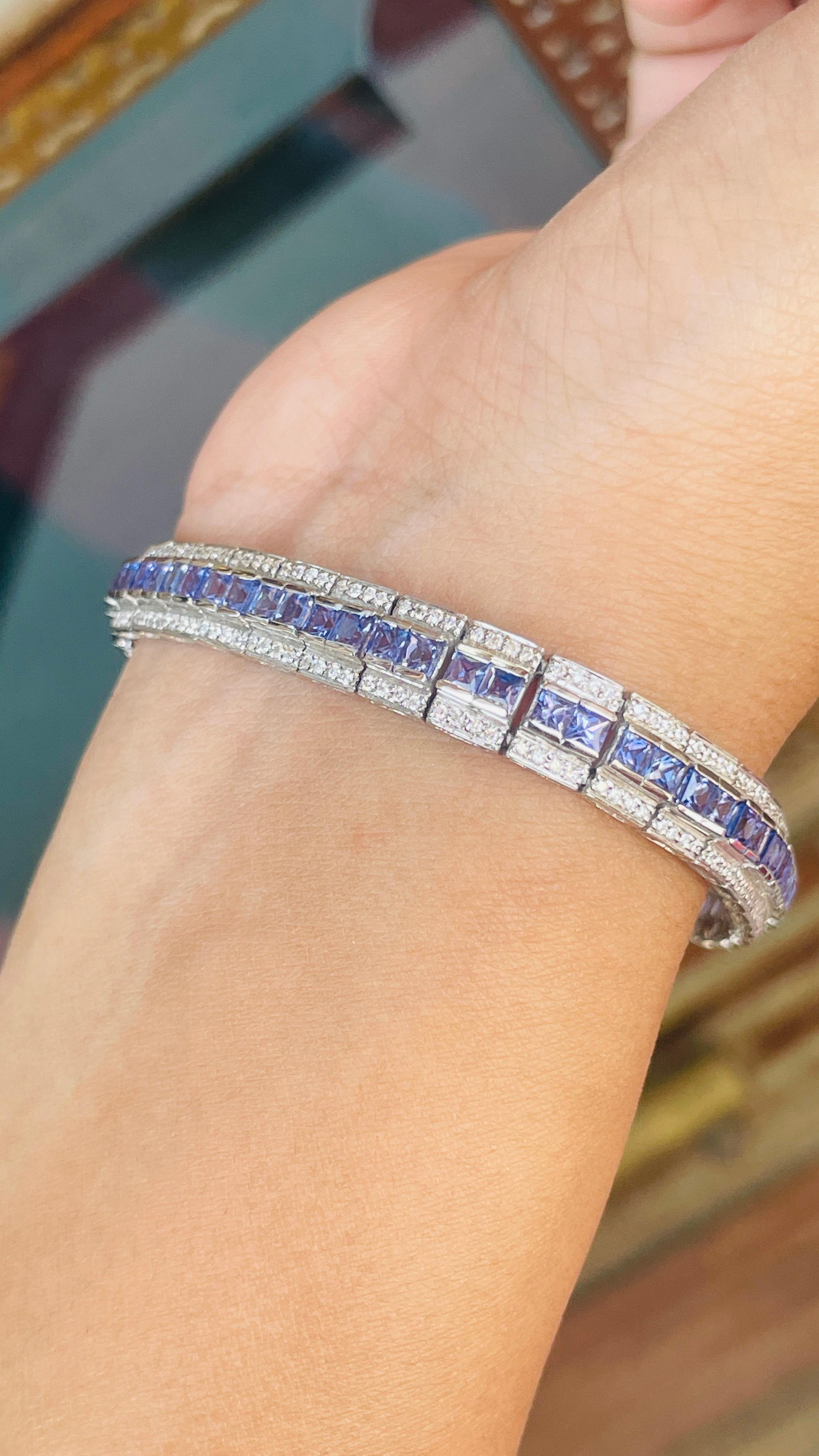 Bracelet de mariage en or blanc massif 18k avec saphir bleu taillé en princesse et diamant en vente 2