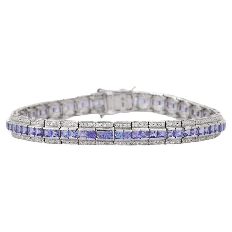 Princess Cut Blue Sapphire Diamond Wedding Bracelet in 18k Solid White Gold