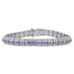 Pulsera de boda con diamantes y zafiro azul talla princesa en oro blanco macizo de 18 quilates