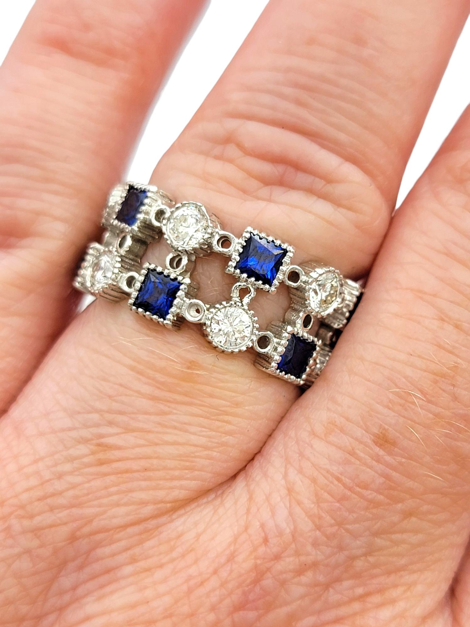 Princess Cut Blue Sapphire & Round Diamond Multi-Row Band Ring in 14 Karat Gold For Sale 5