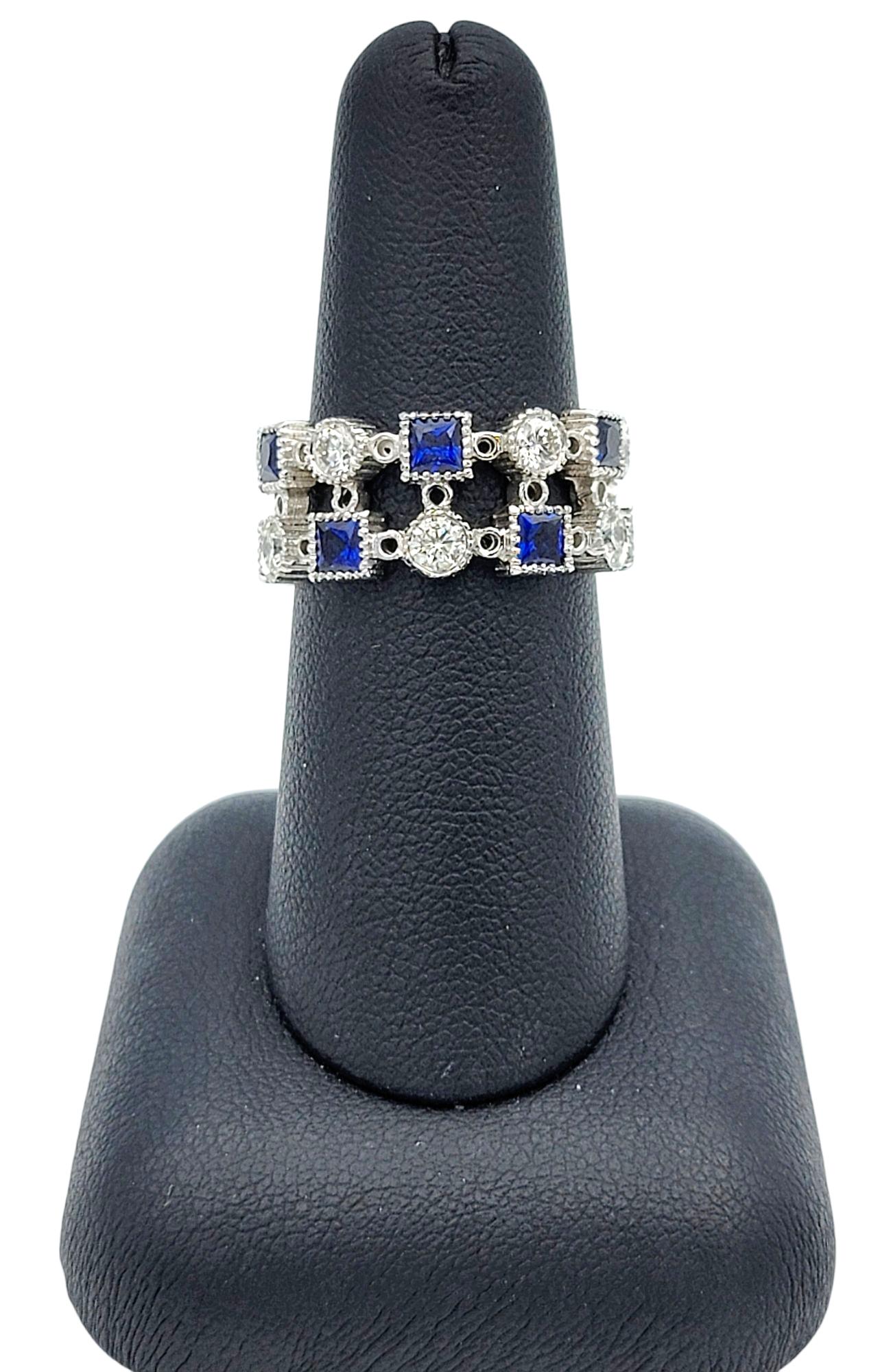 Princess Cut Blue Sapphire & Round Diamond Multi-Row Band Ring in 14 Karat Gold For Sale 6