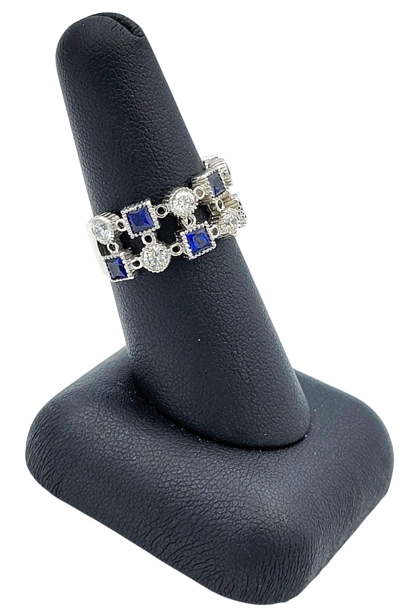 Princess Cut Blue Sapphire & Round Diamond Multi-Row Band Ring in 14 Karat Gold For Sale 7
