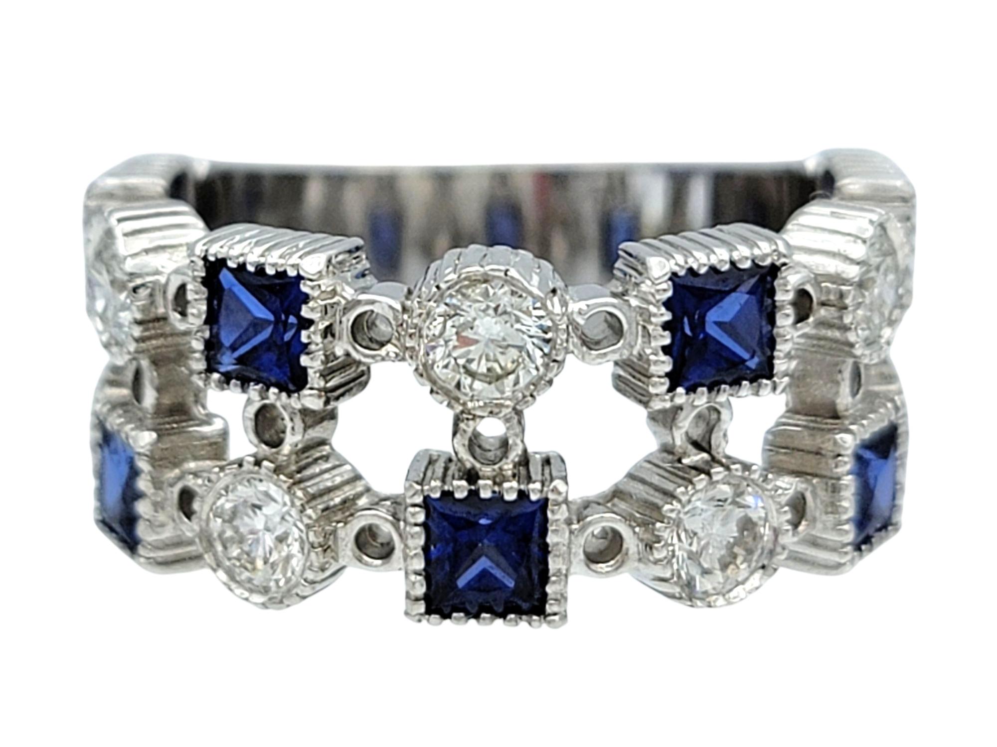 Princess Cut Blue Sapphire & Round Diamond Multi-Row Band Ring in 14 Karat Gold In Good Condition For Sale In Scottsdale, AZ