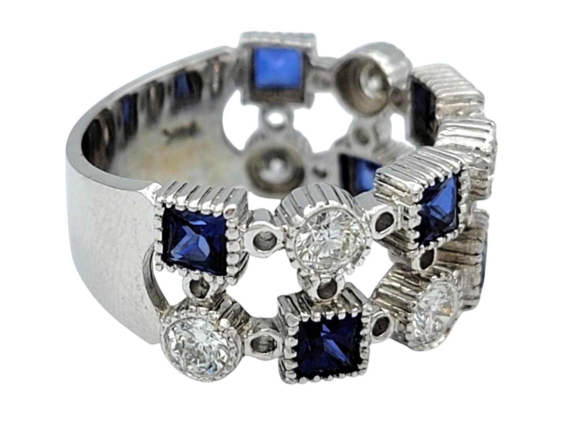 Women's Princess Cut Blue Sapphire & Round Diamond Multi-Row Band Ring in 14 Karat Gold For Sale