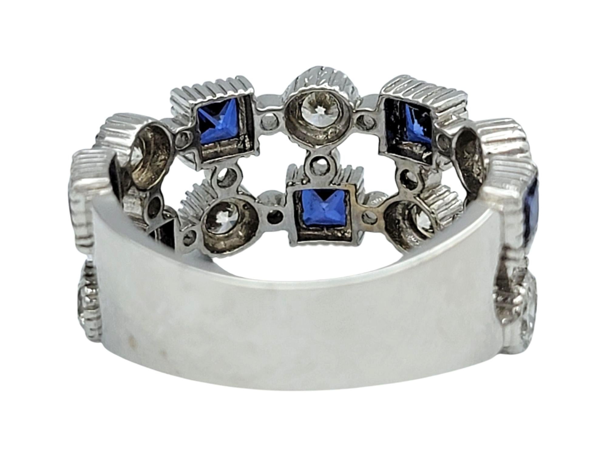 Princess Cut Blue Sapphire & Round Diamond Multi-Row Band Ring in 14 Karat Gold For Sale 1