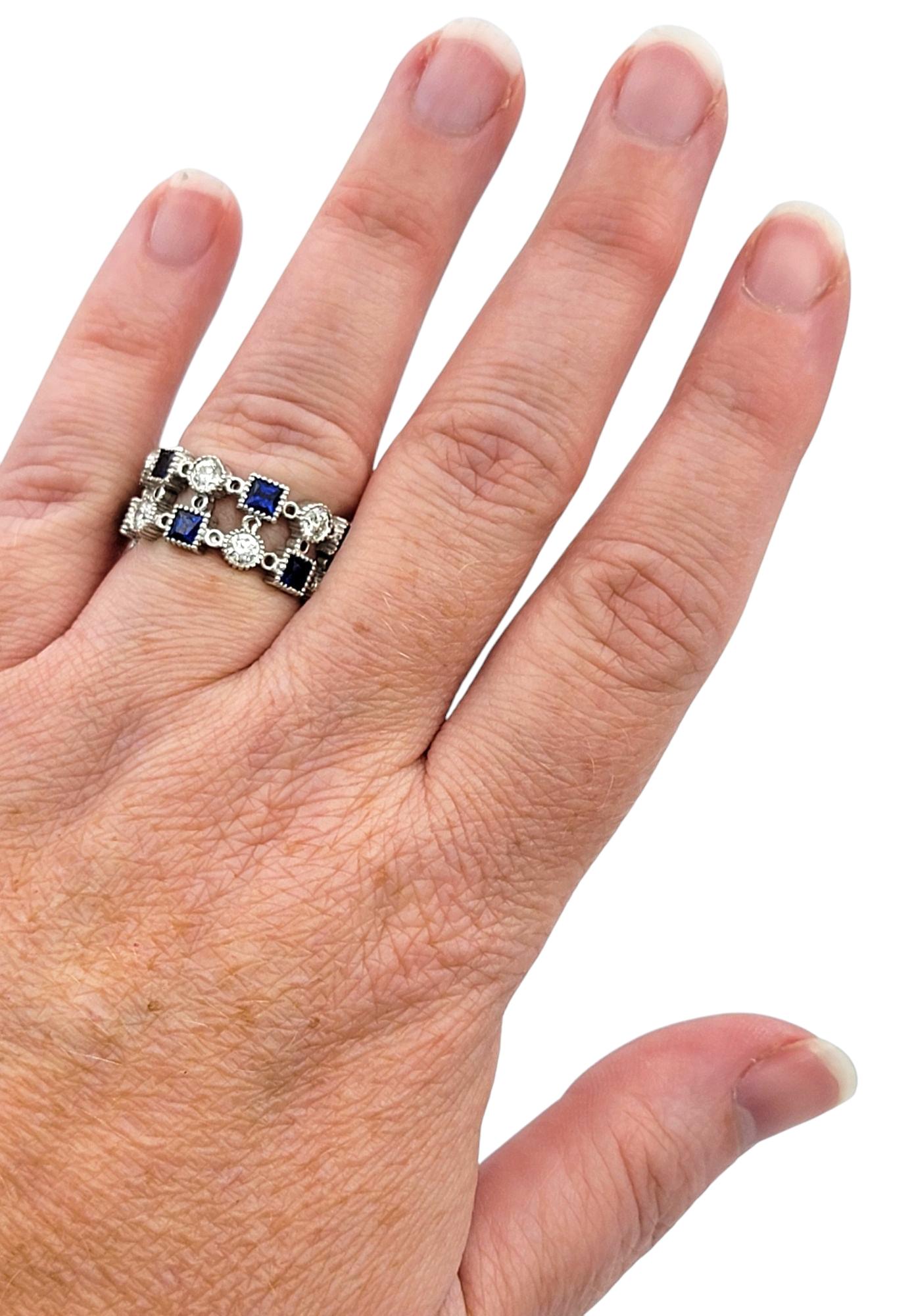 Princess Cut Blue Sapphire & Round Diamond Multi-Row Band Ring in 14 Karat Gold For Sale 4