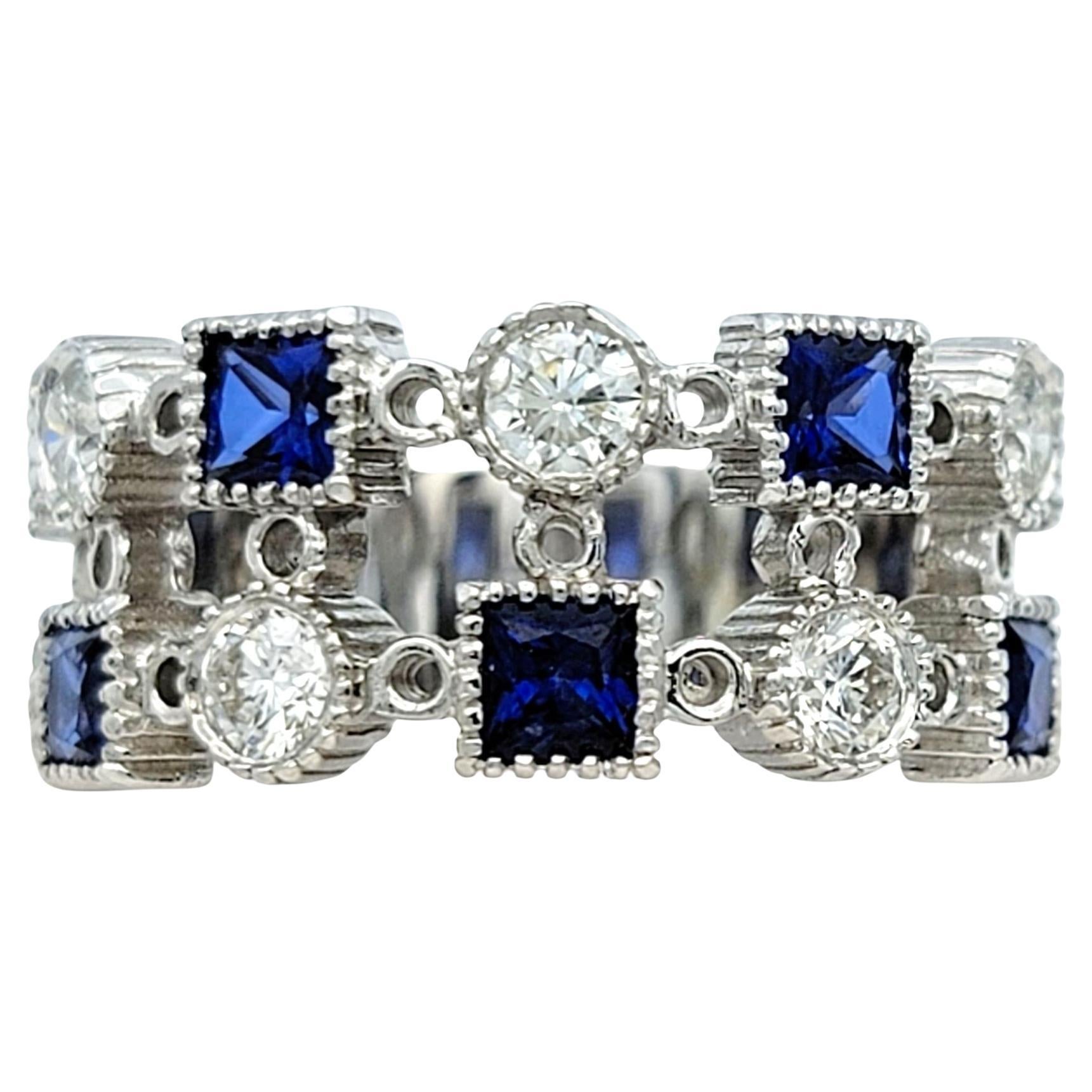Princess Cut Blue Sapphire & Round Diamond Multi-Row Band Ring in 14 Karat Gold