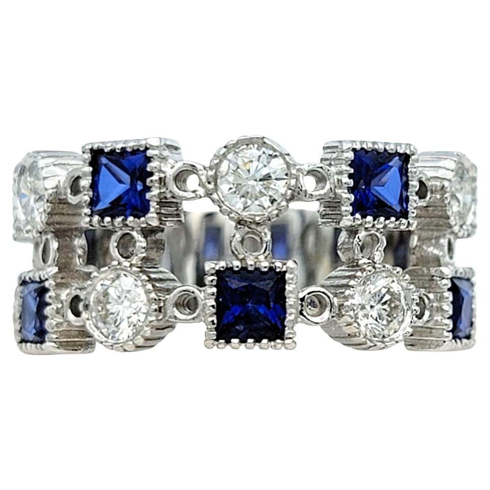 Baguette Cut Sapphire and Round Diamond Multi-Row Band Ring in 18 Karat ...