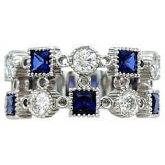 Princess Cut Blue Sapphire & Round Diamond Multi-Row Band Ring in 14 Karat Gold