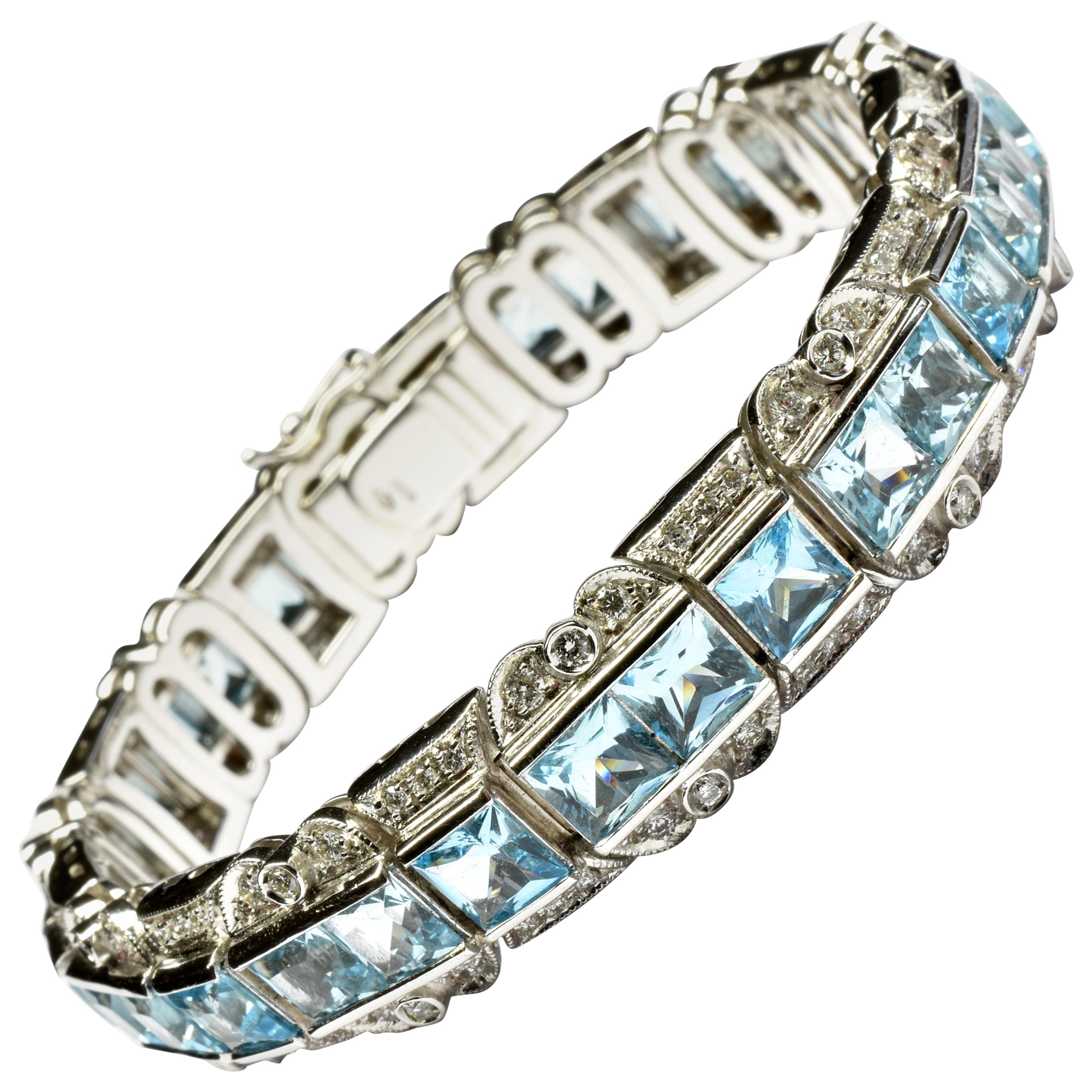 Princess Cut Blue Topaz and Diamonds Gold Bracelet, Italy