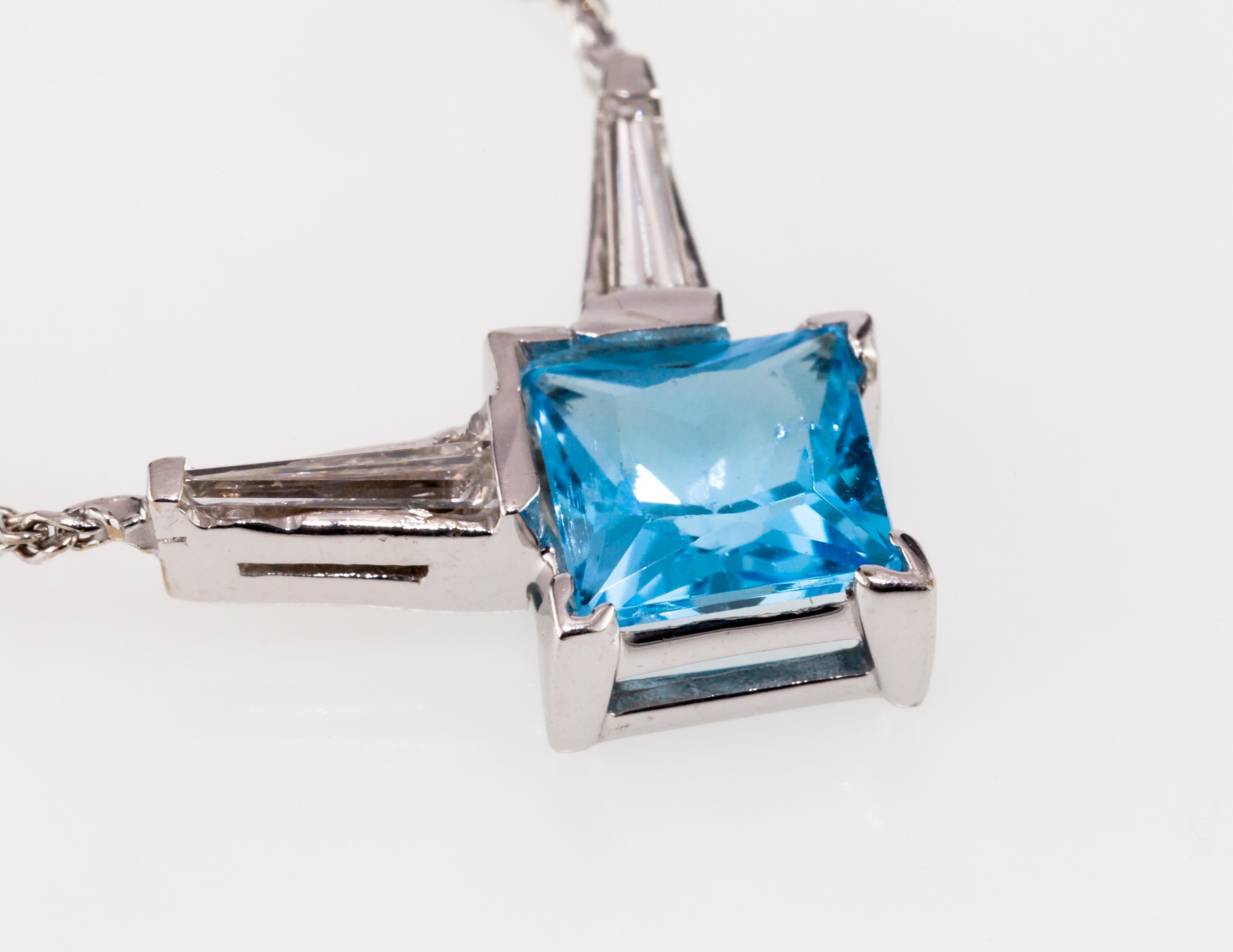 Princess Cut Blue Topaz Solitaire 14k White Gold Pendant with Diamonds, 17 Inch For Sale 5