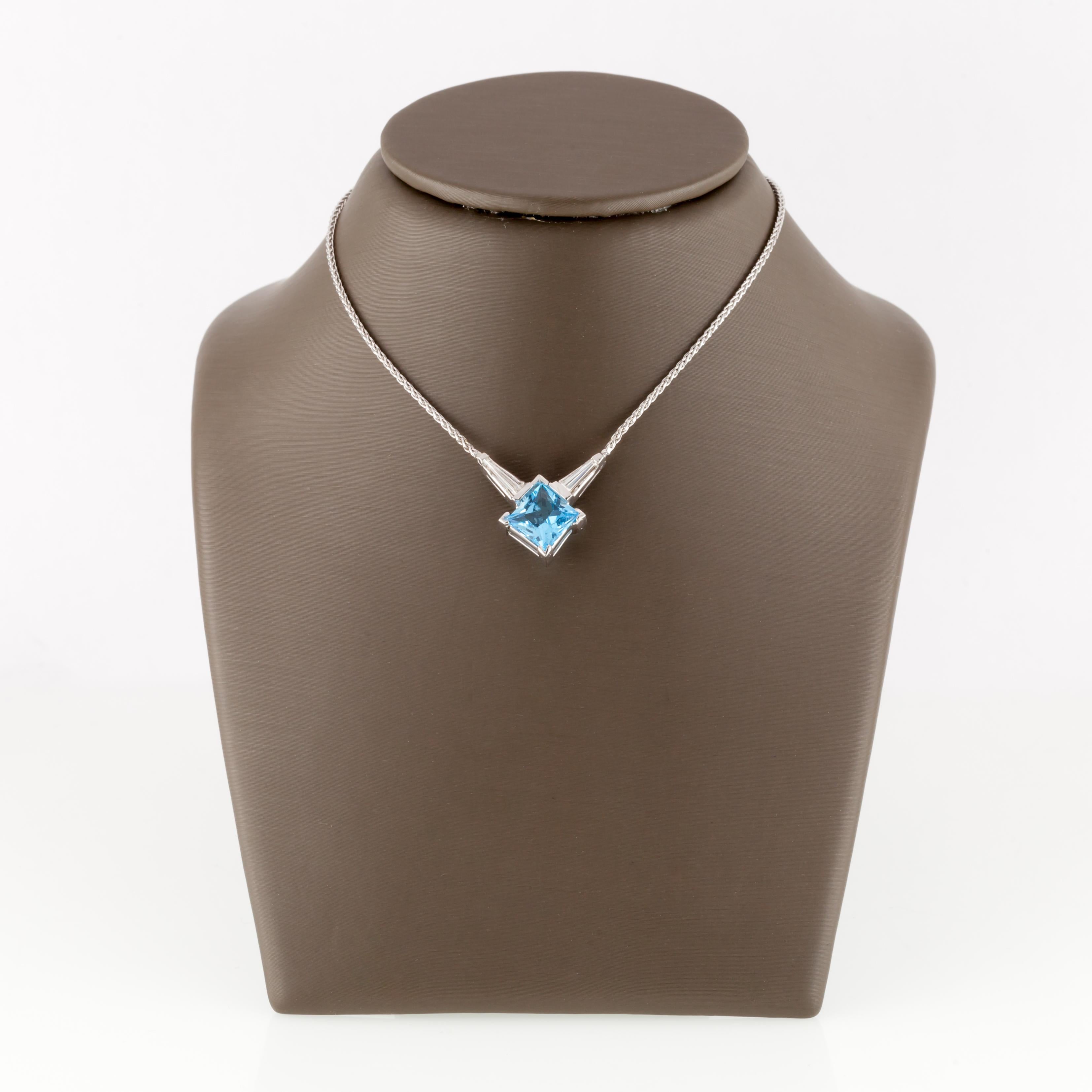 Modern Princess Cut Blue Topaz Solitaire 14k White Gold Pendant with Diamonds, 17 Inch For Sale