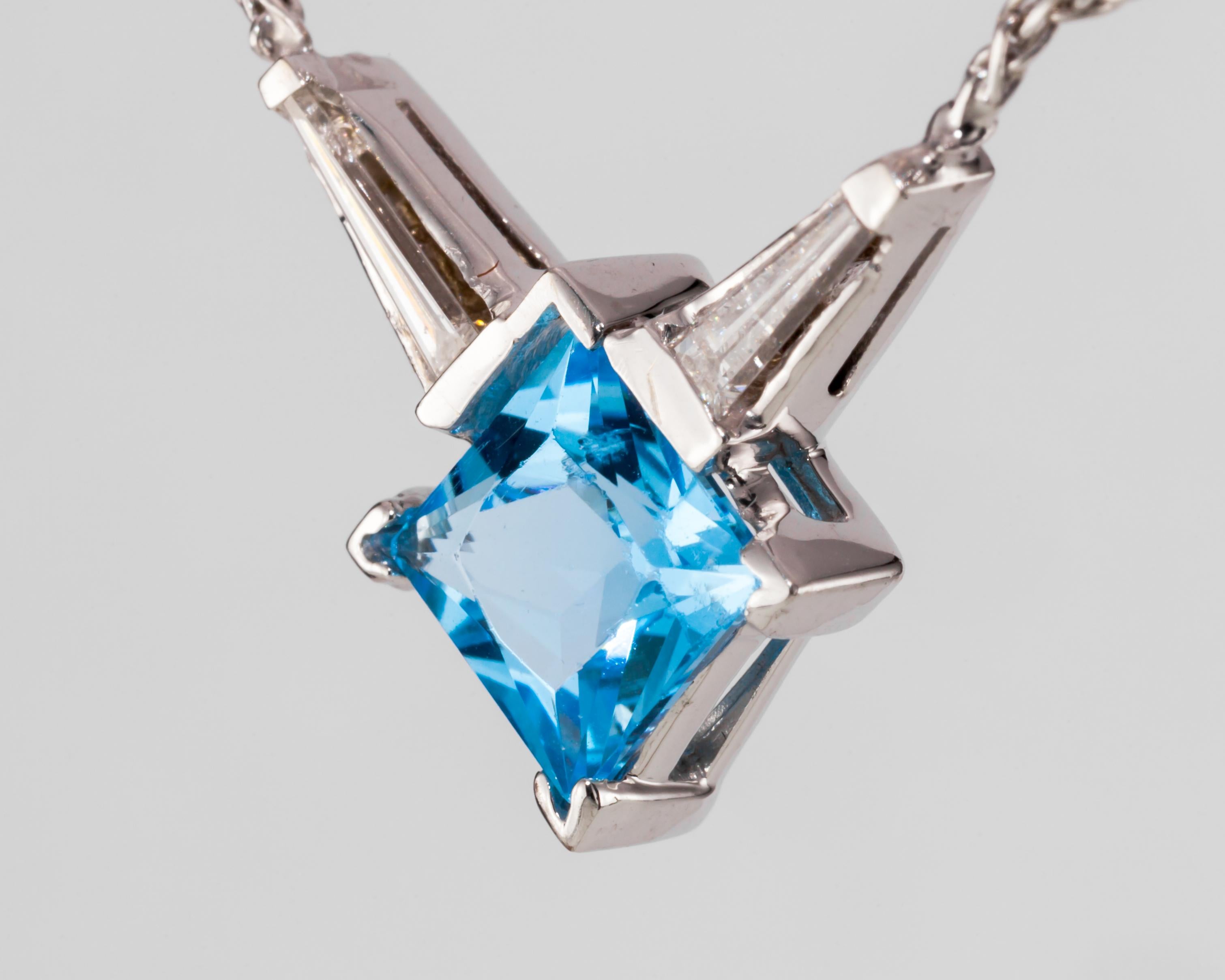 Women's or Men's Princess Cut Blue Topaz Solitaire 14k White Gold Pendant with Diamonds, 17 Inch For Sale