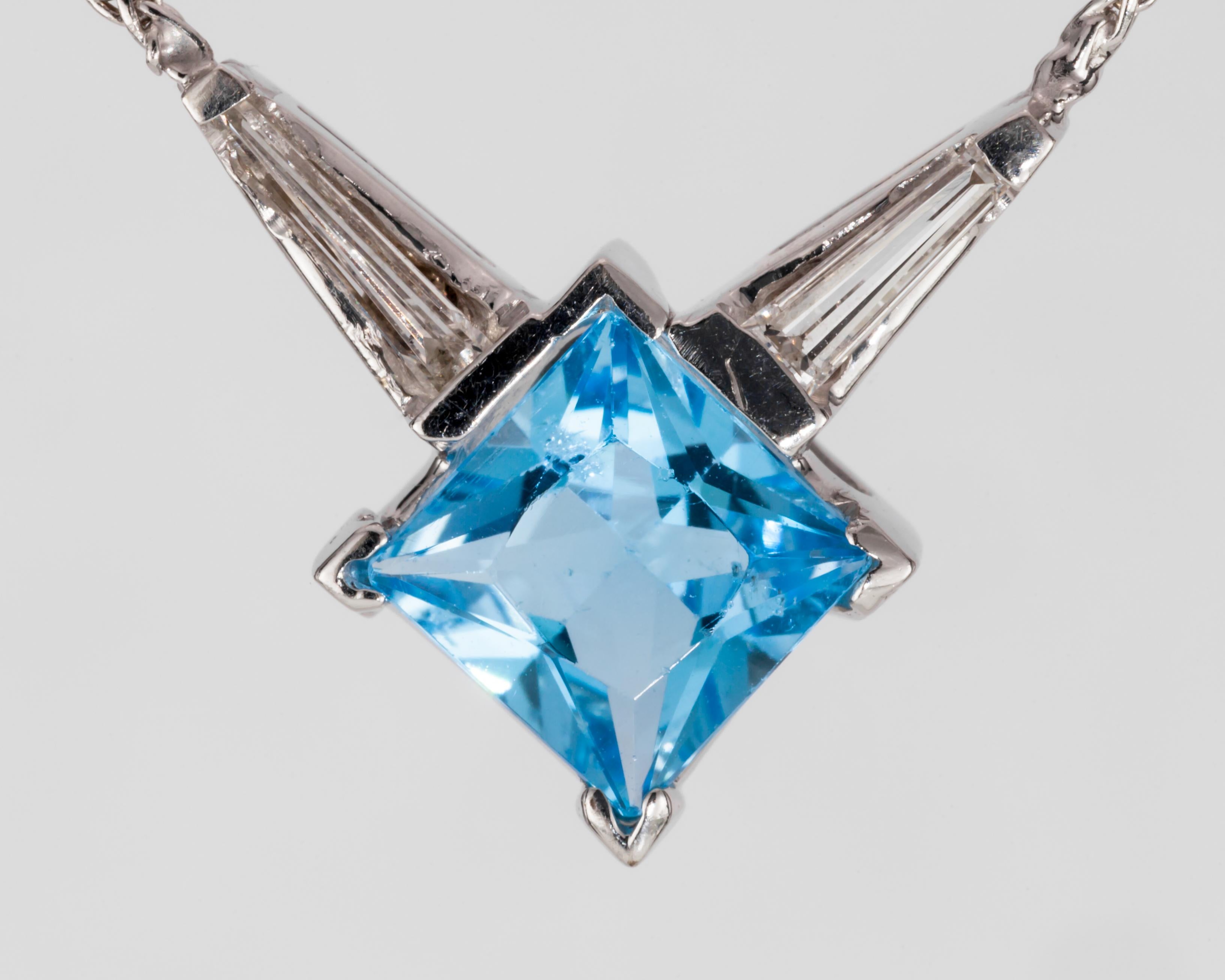 Princess Cut Blue Topaz Solitaire 14k White Gold Pendant with Diamonds, 17 Inch For Sale 1