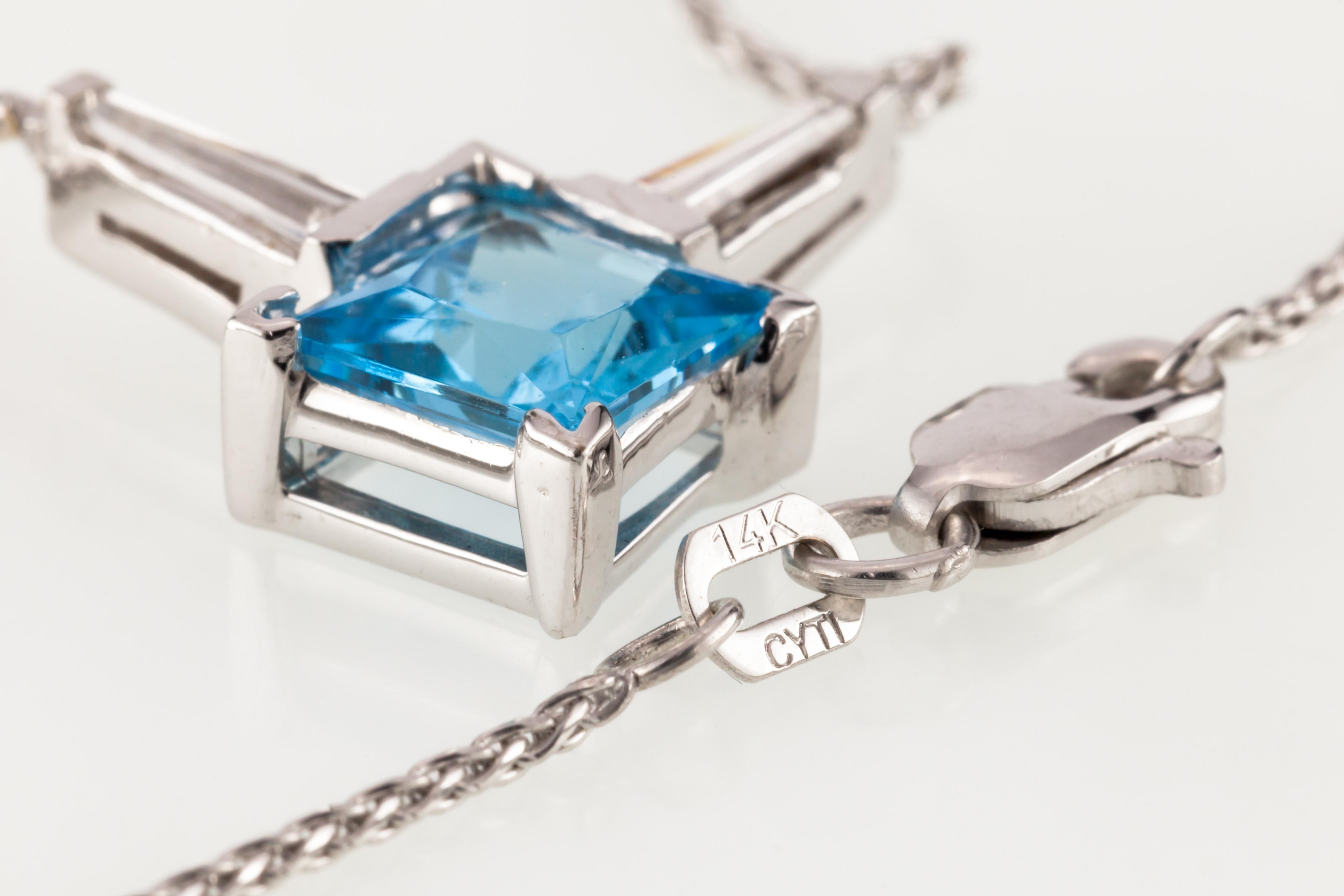 Princess Cut Blue Topaz Solitaire 14k White Gold Pendant with Diamonds, 17 Inch For Sale 2
