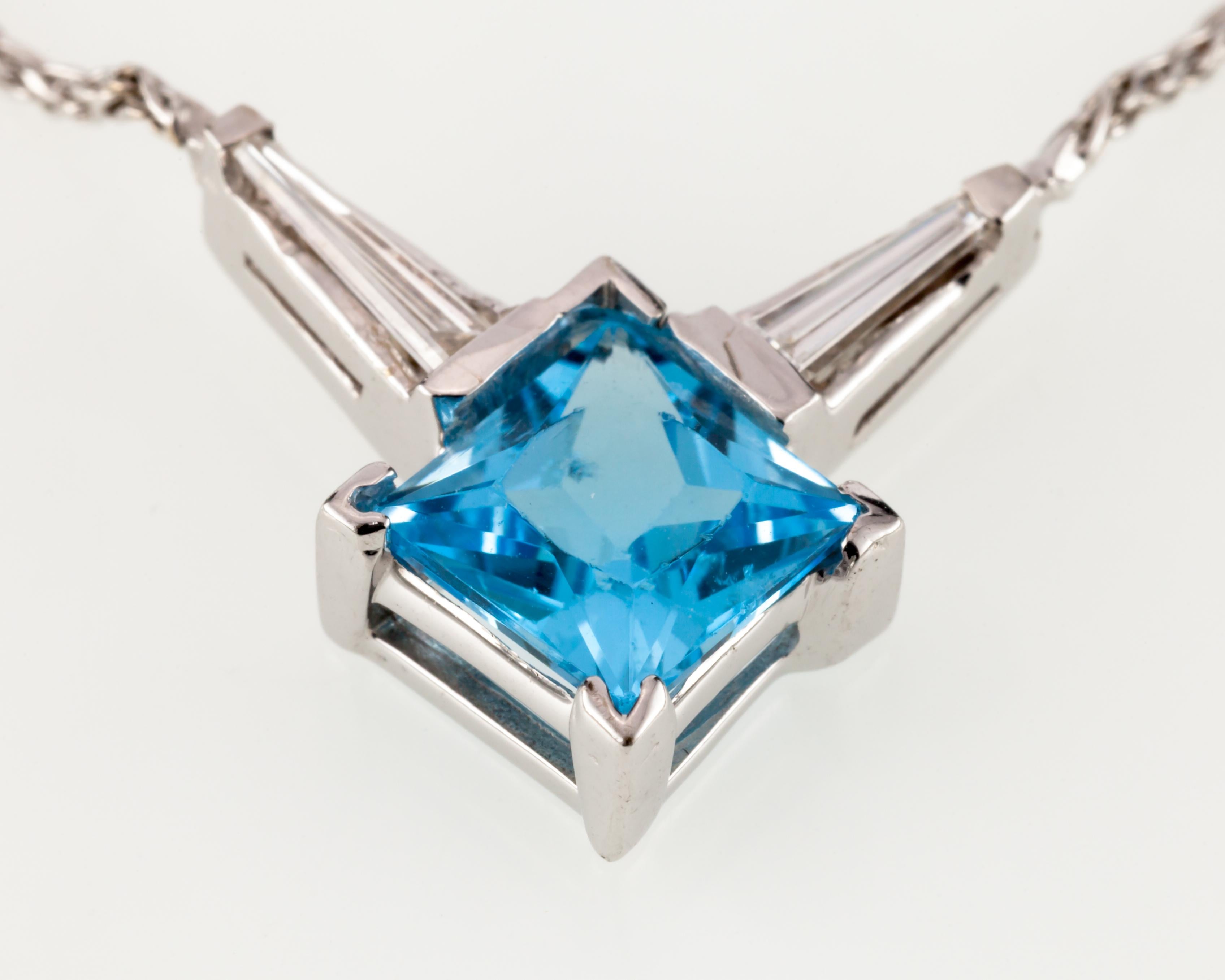 Princess Cut Blue Topaz Solitaire 14k White Gold Pendant with Diamonds, 17 Inch For Sale 4