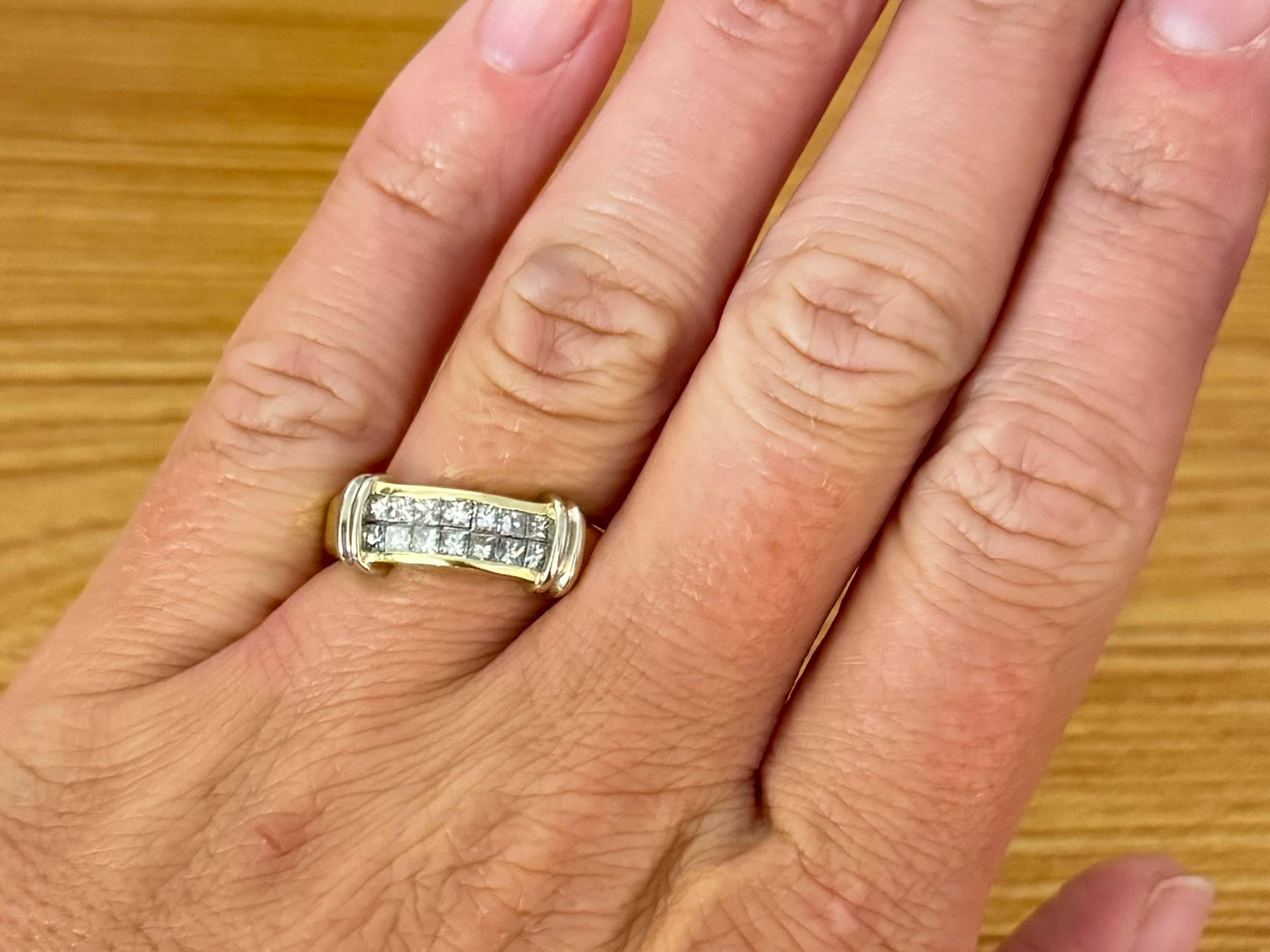 Item Specifications:

Metal: 18k White and Yellow Gold

Diamond Count: 14 princess cut

Total Diamond Carat Weight:  0.70 carats 

Diamond Color: J-K

Diamond Clarity: SI2-I1

Ring Size: 8.5

Total Weight: 7.3 Grams

Stamped: 