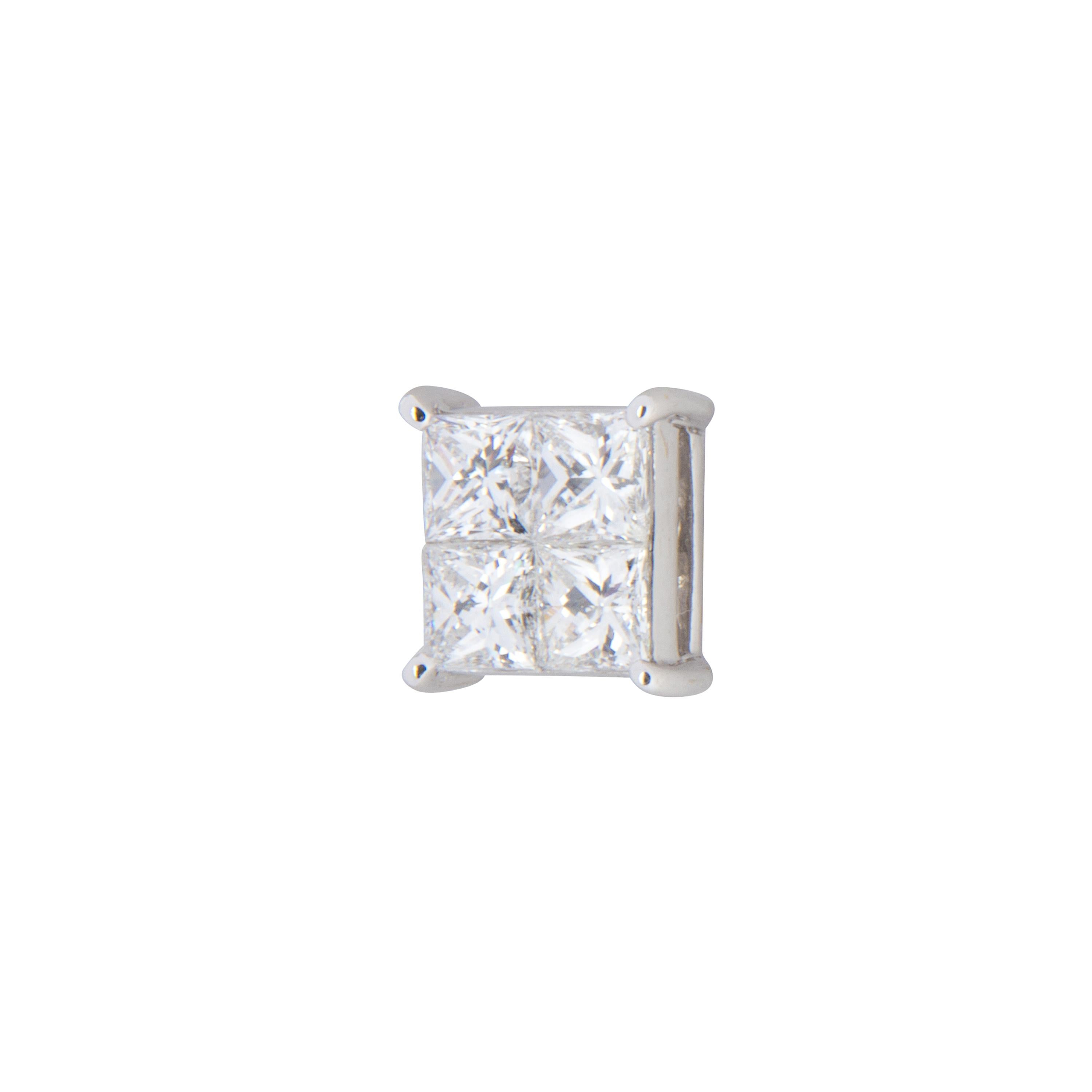 18 karat white gold cluster diamond earrings featuring 8 princess cut diamonds totalling 2.04ct, F colour and VS clarity.
