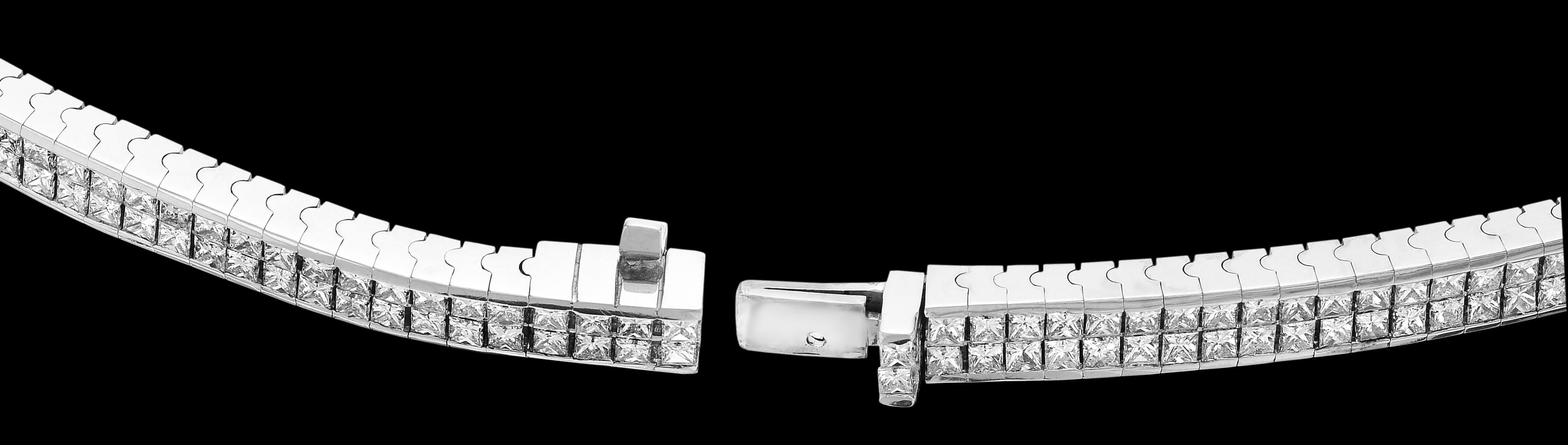 Pulsera de tenis con diamantes talla princesa 10ct, engaste invisible unisex Oro blanco 18ct en venta 1