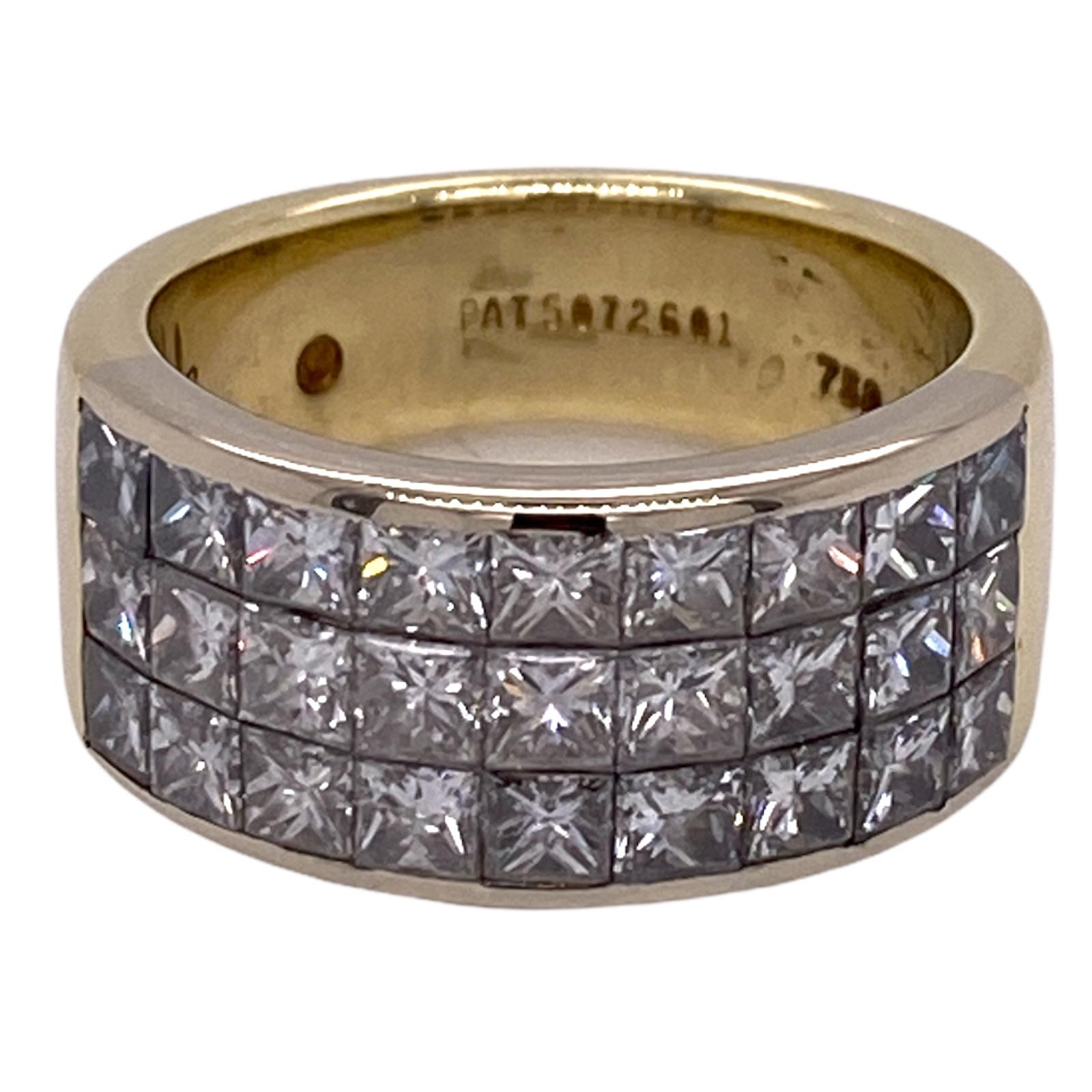 Contemporary Princess Cut Diamond 18 Karat Yellow Gold Invisble Set Wedding Band Ring For Sale