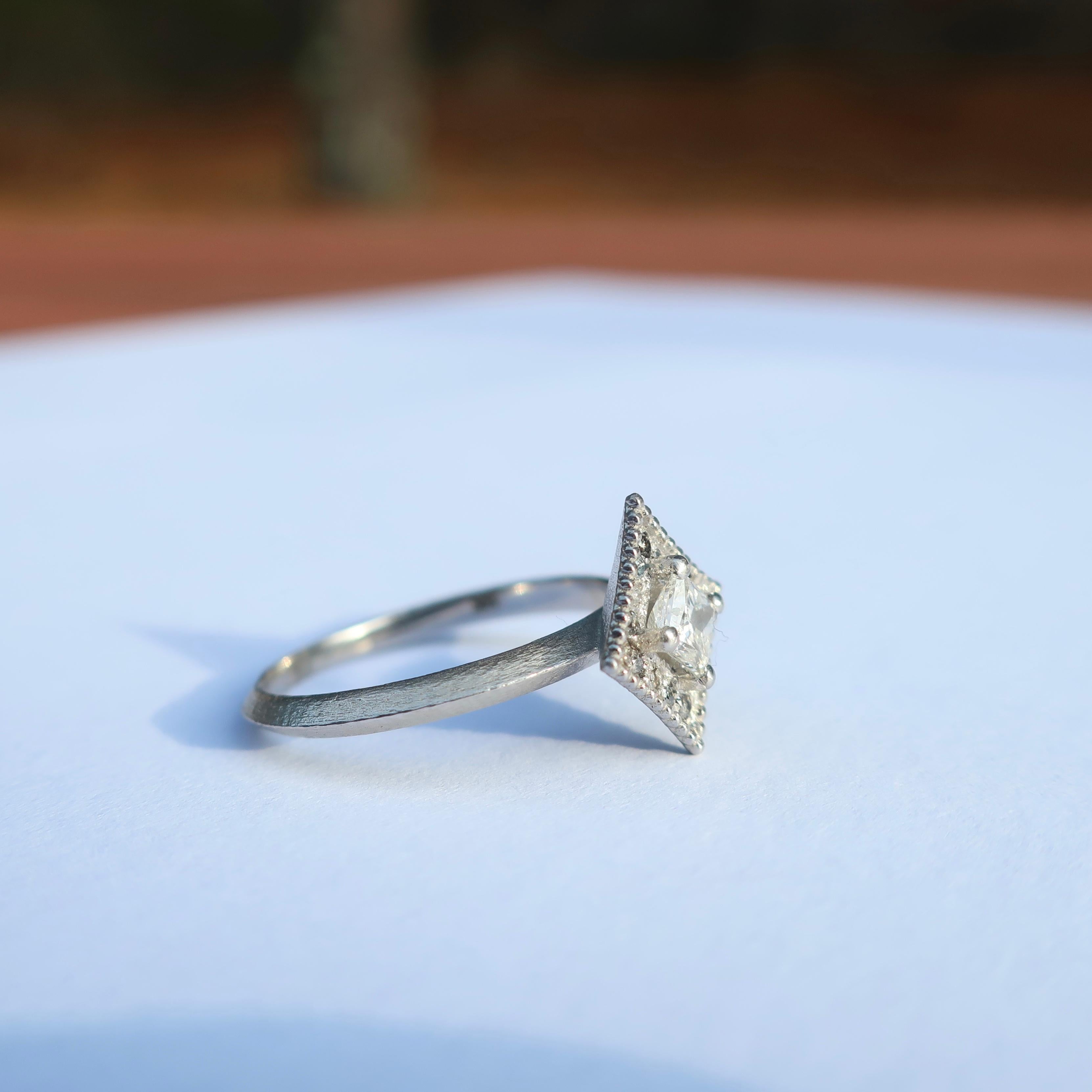 Artisan Princess Cut Diamond and 14 Karat White Gold Ring For Sale