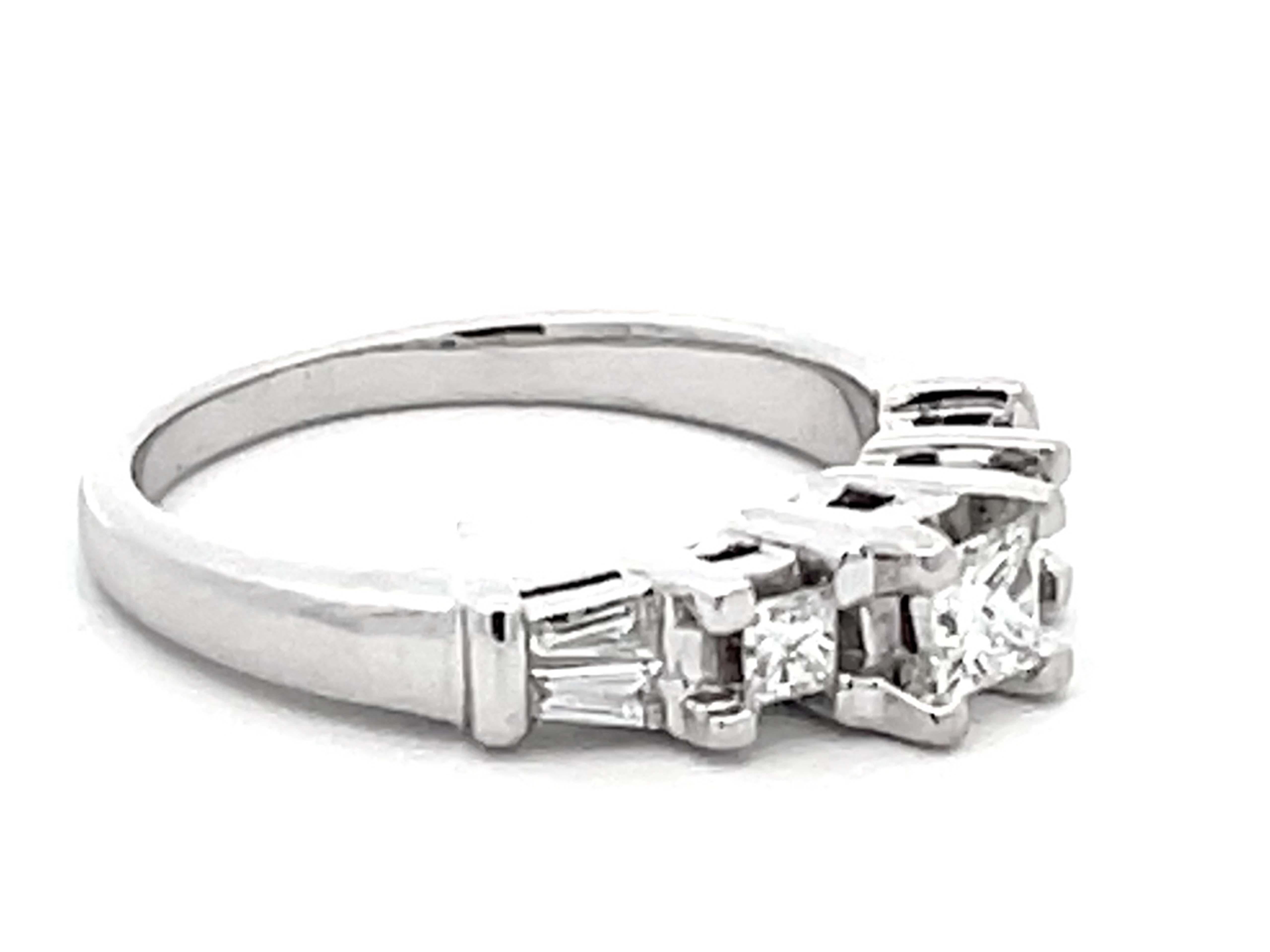 Modern Princess Cut Diamond and Baguette Engagement Ring 14k White Gold For Sale