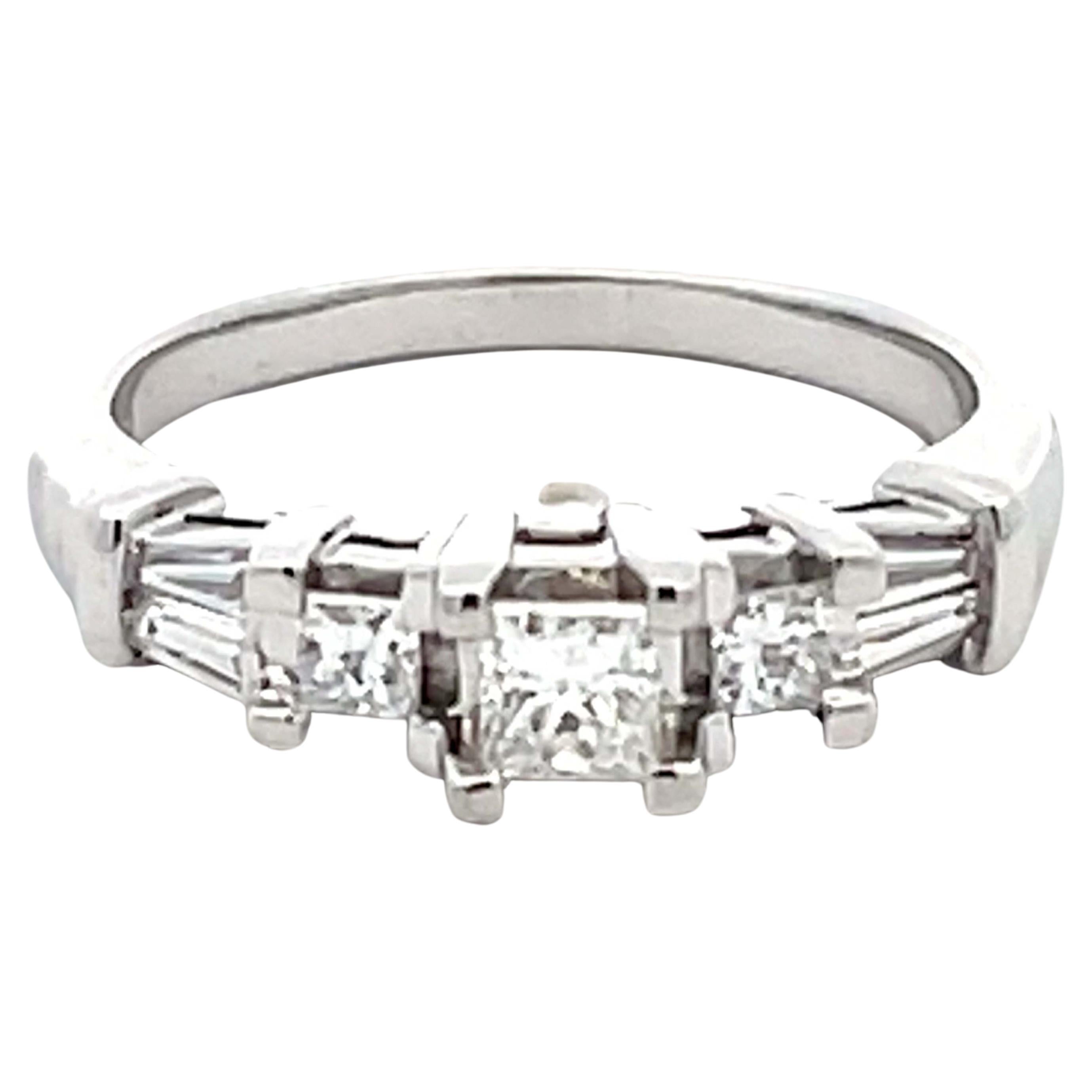 Princess Cut Diamond and Baguette Engagement Ring 14k White Gold For Sale
