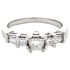 Vintage Princess Cut Diamond and Baguette Engagement Ring 14k White Gold