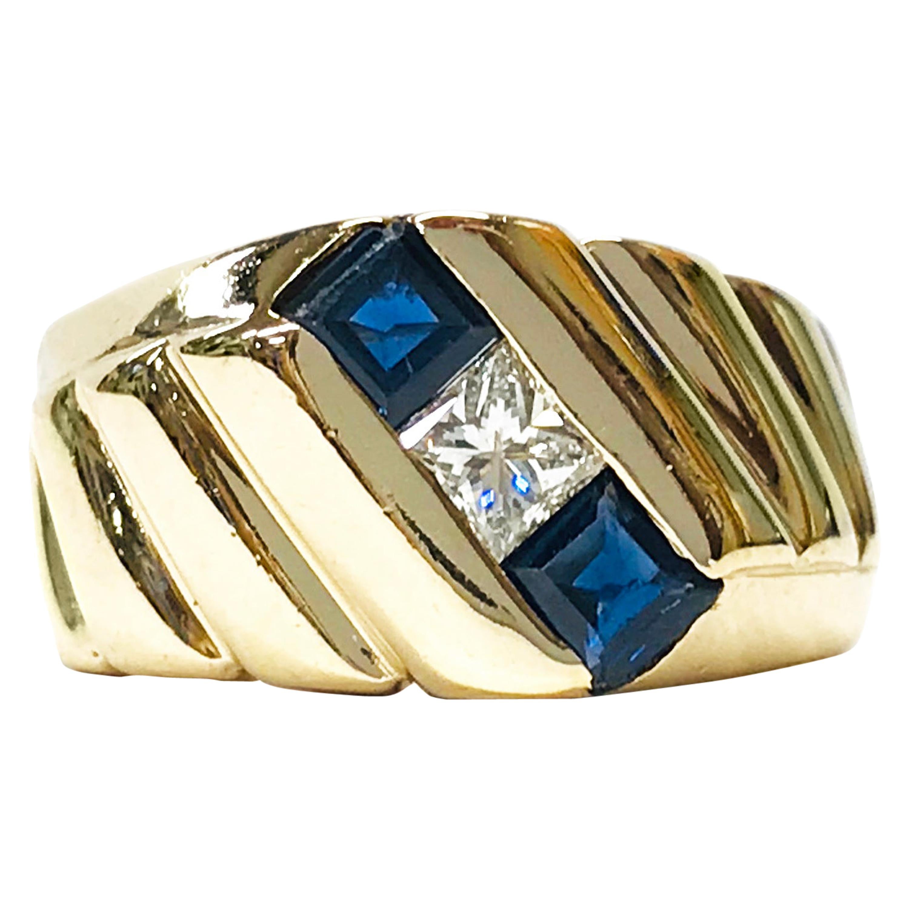 Princess Cut Diamond and Blue Sapphire Pinky Ring, 14K Gold, 1980s