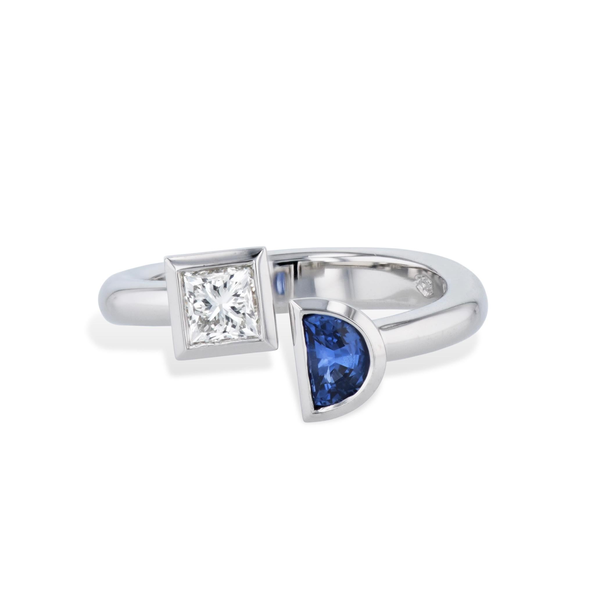 Modern Princess Cut Diamond and Half Moon Sapphire Moi et Toi Ring For Sale