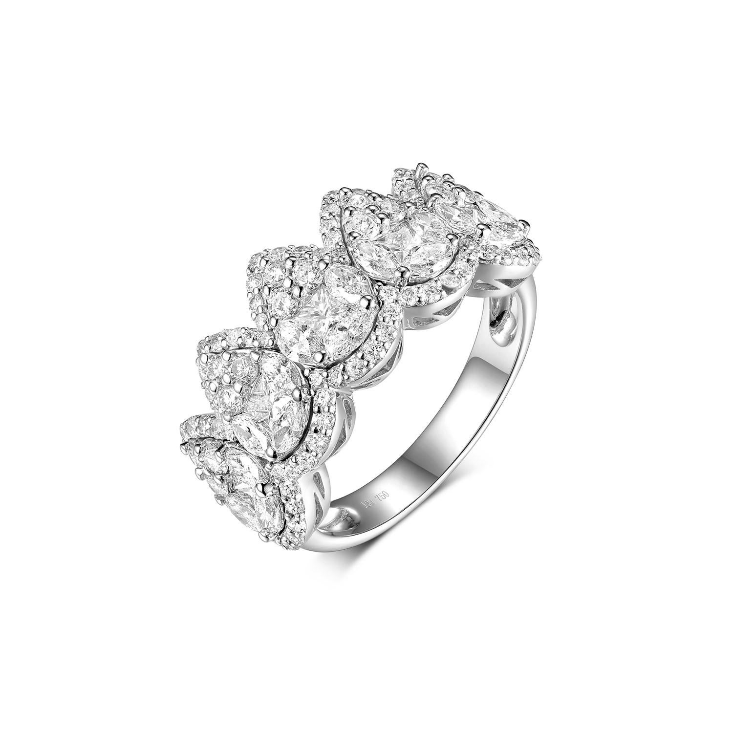 This ring features 0.50 carat princess cut diamonds; 0.76 carat pear cut diamonds.  Assented with 0.69 of white round brilliance cut diamonds. Ring is set in 18 karat white gold.

US 6.5
Resizing is available 
Pear Cut Diamonds 0.76 carat
Princess