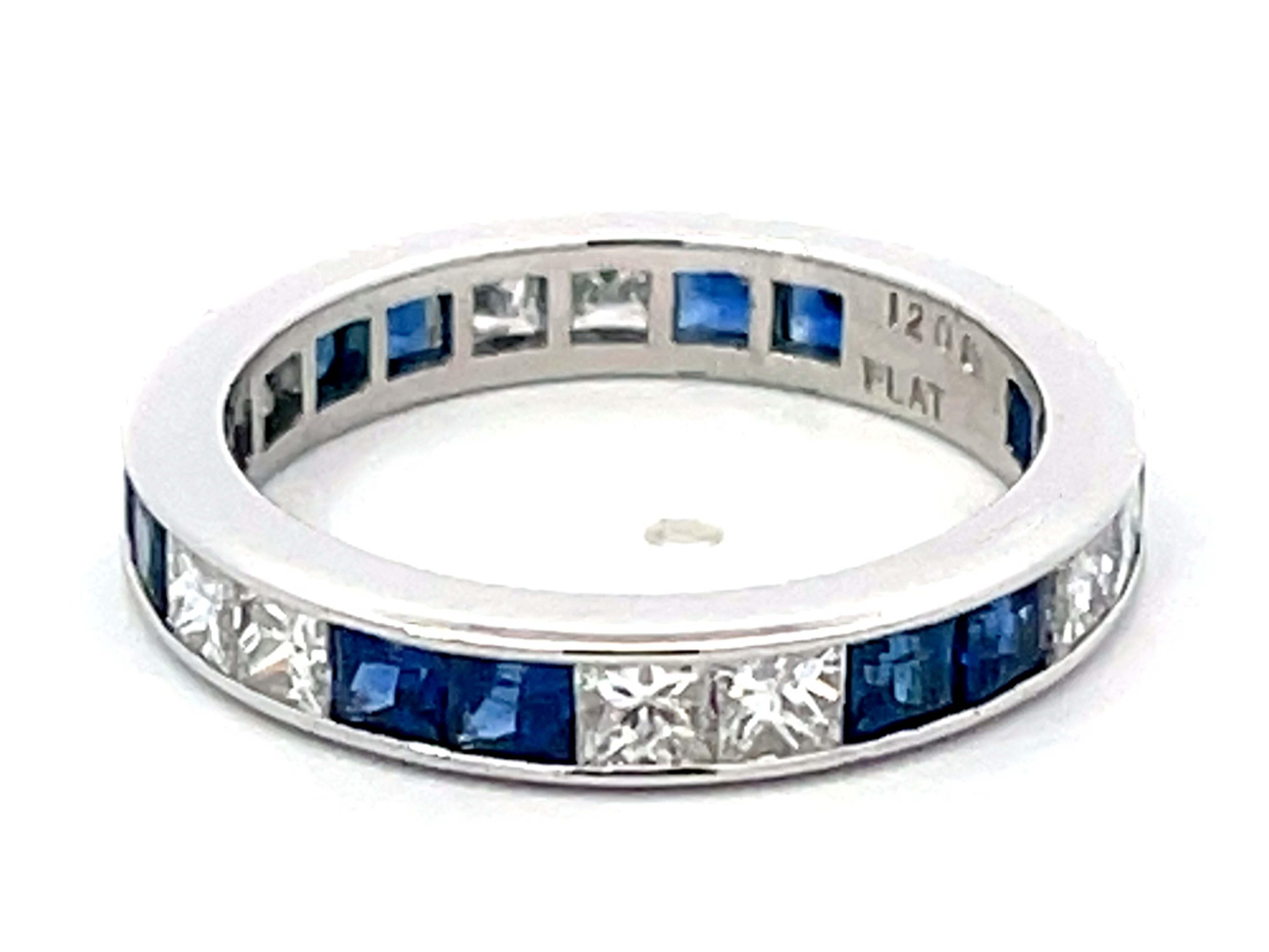 Modern Princess Cut Diamond and Sapphire Platinum Band Ring For Sale