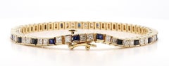Princess Cut Diamond and Square Sapphire Tennis Bracelet in 14K Yellow Gold