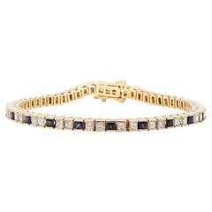 Princess Cut Diamond and Square Sapphire Tennis Bracelet in 14K Yellow Gold