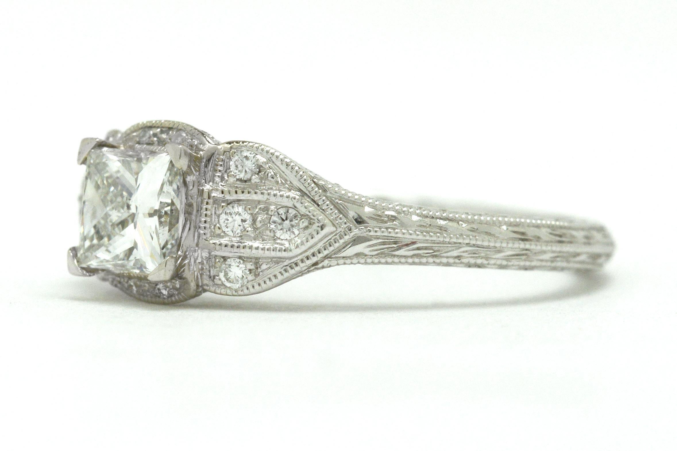 Women's Princess Cut Diamond Art Deco Revival White Gold Engagement Ring Engraved Band